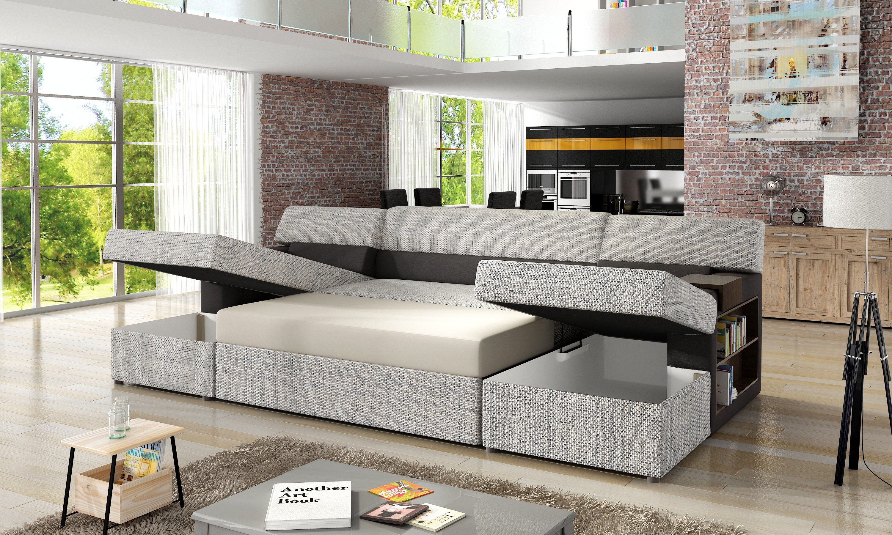 Xlmoebel Wohnlandschaft Ecksofa Markos U-Form mit Bettfunktion und Leder/Textil Bezug, Wohnlandschaft, Made in Europa