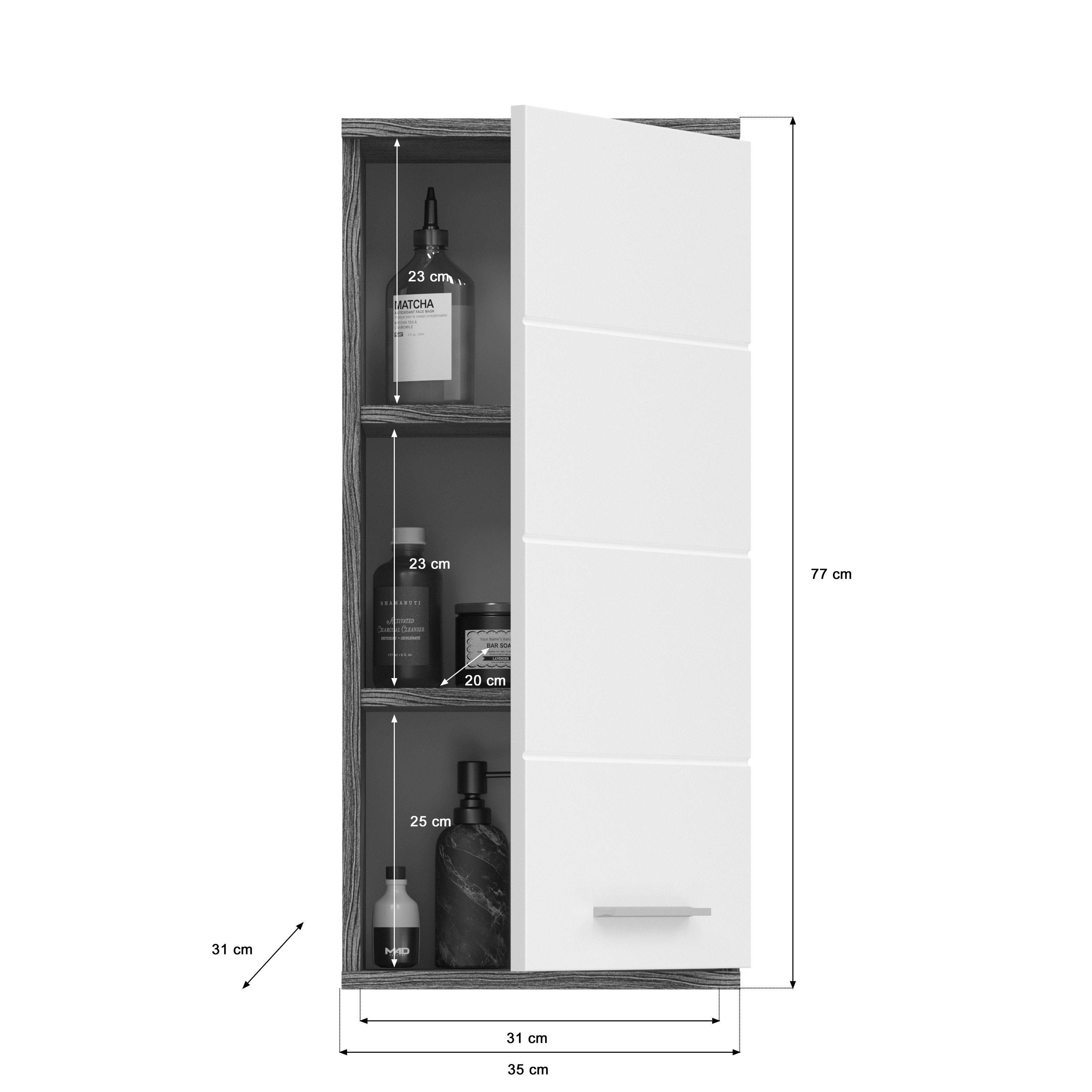 77 Hängeschrank, 25 cm aus Weiß Spanplatte und Rauchsilber, Holztüren Hängeschrank Korpus mit MDF aus Höhe Breite Earth 1 in Front cm, Tiefe Moderner cm, 2 in Blue Hochglanz Einlegeböden. möbelando 35