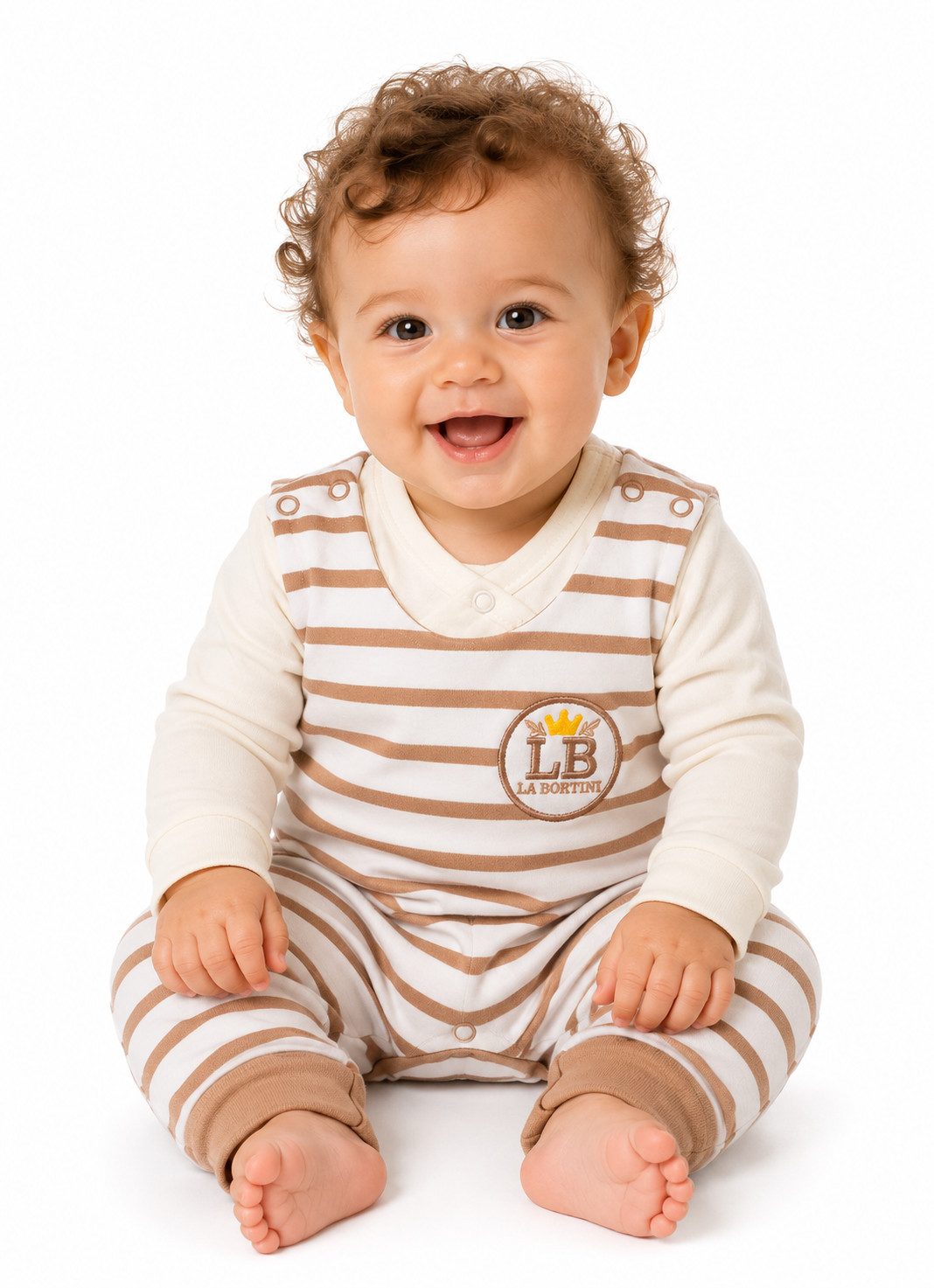 Strampler Baby Latzhose und Wickelbody Set für Neugeborene gestreift beige
