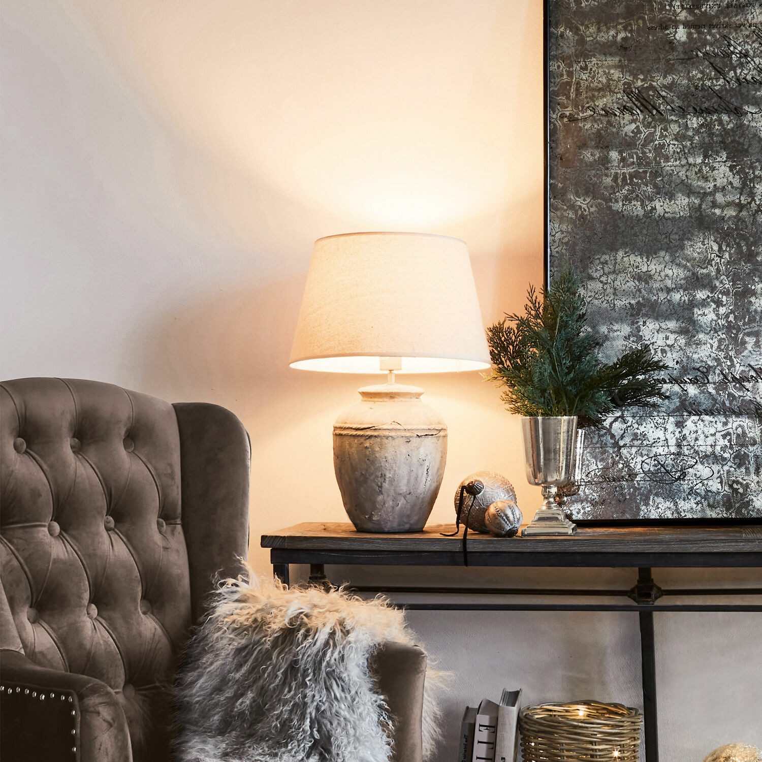 Mirabeau Tischleuchte Tischlampe Mosnay in Betonoptik – Leinen­schirm im La günstig online kaufen