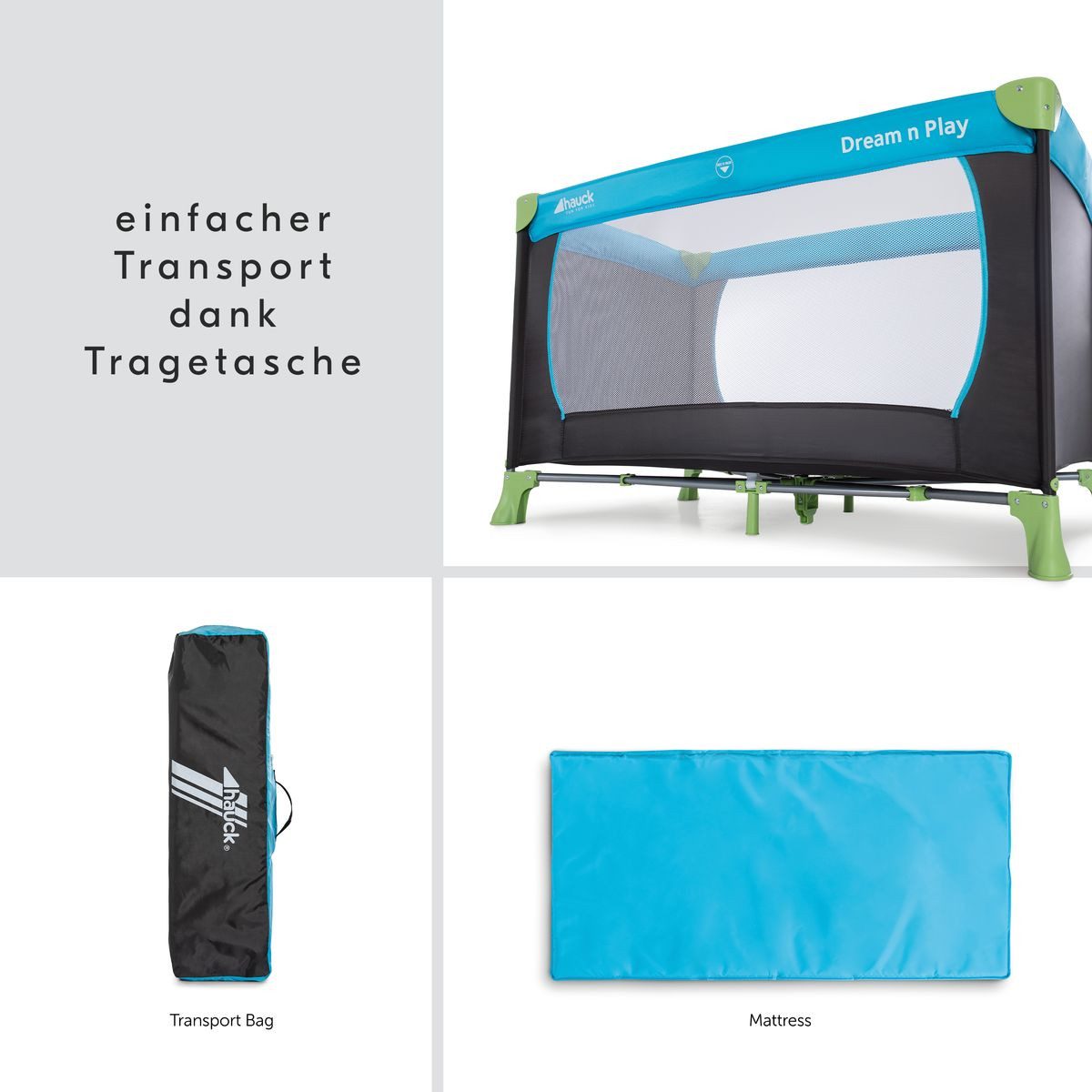 Hauck Baby-Reisebett Dream'n Play - Set - Waterblue, 4-tlg., Kinderreisebett mit Reisebett Matratze (6 cm Höhe) & Tasche - faltbar