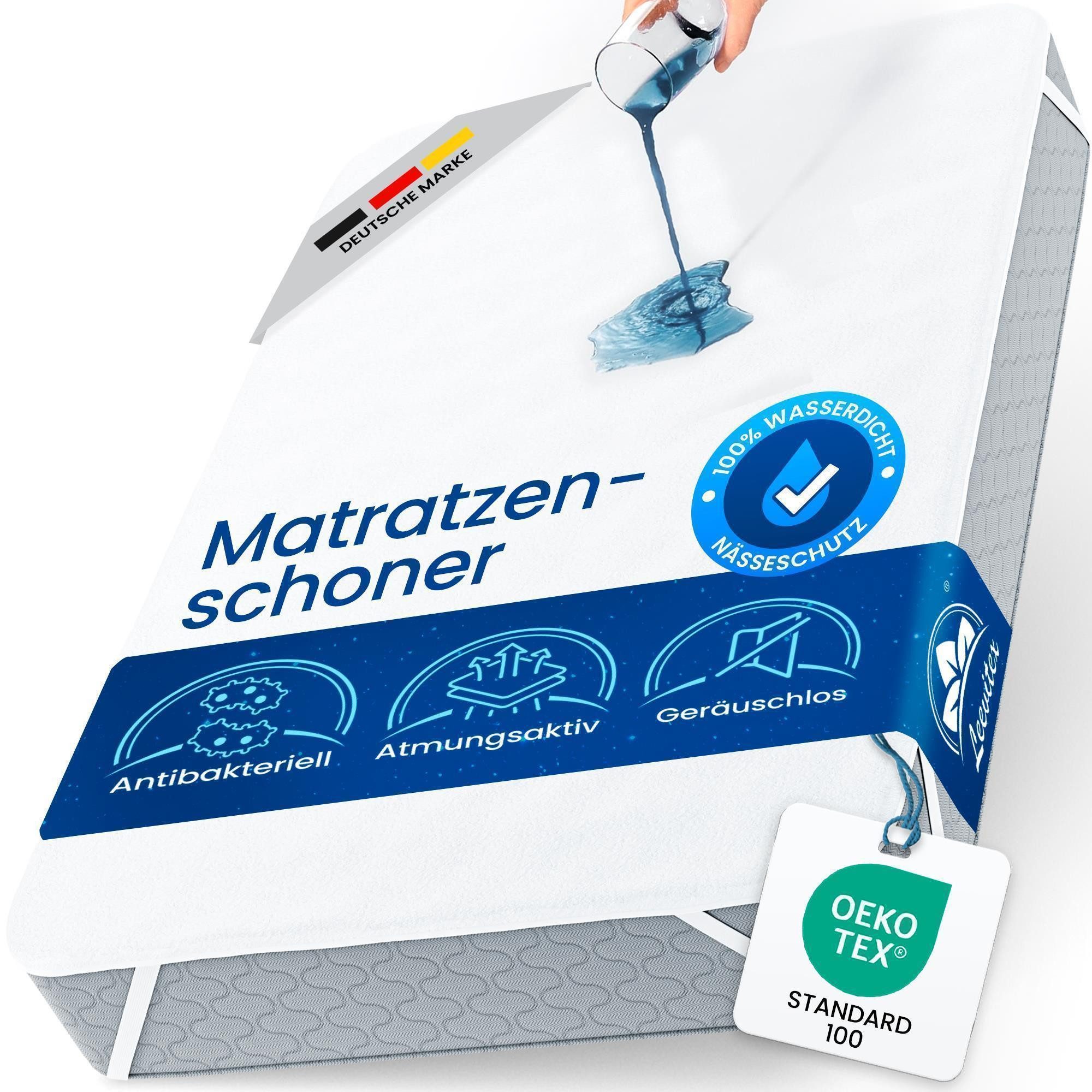 Matratzenschoner wasserdicht, atmungsaktiv & geräuscharm – mit Eckgummis bis 35 cm leevitex®, waschbar bei 60°C und trocknergeeignet