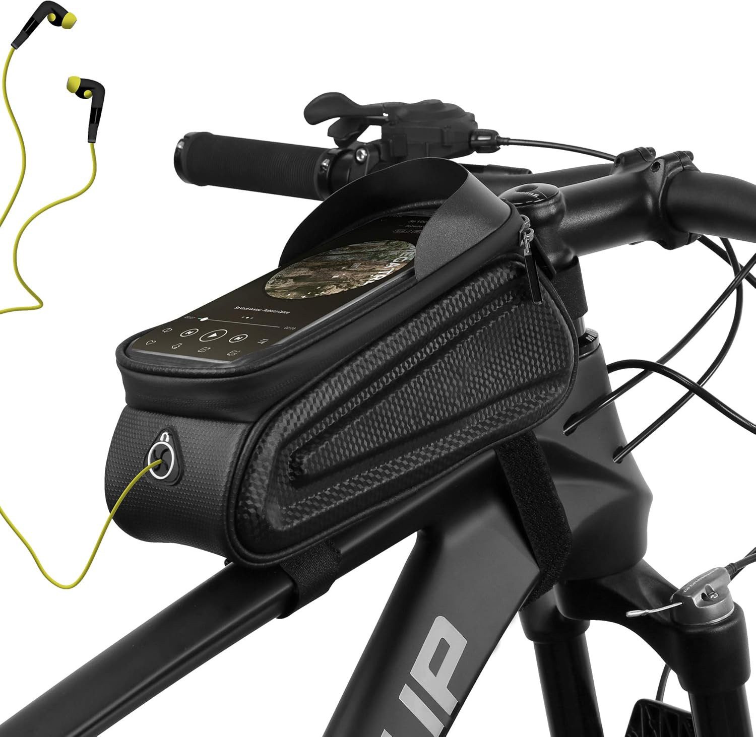 Rhein Beleuchtung Fahrradtasche Wasserdichte Rahmentasche Fahrrad mit Touchscreen – 6,7" kompatibel (Fahrradtasche Rahmen für MTB, Rennrad & E-Bike – einfache Montage), Stoßfeste EVA-Fahrradtasche mit Reflexstreifen & Kopfhöreranschluss