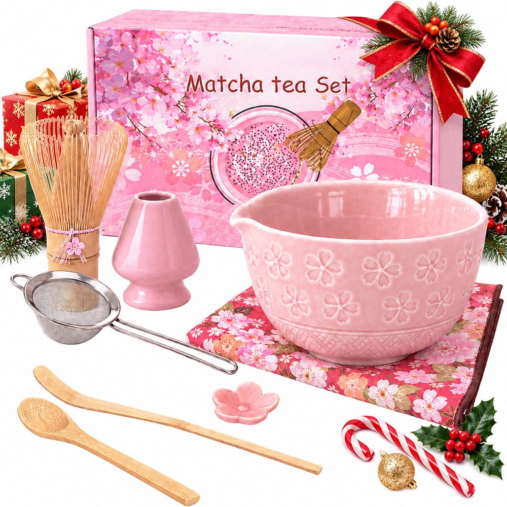 GLIESE Teeservice Matcha Set (8-teilig) Keramik, Bambus-Besen, Schale & Zubehör (8-tlg), Keramik-Matcha-Schal, Edelstahl-Sieb,Bambus-Matcha-Besen,Bambus-Chashaku, Edles Geschenkset für Anfänger & Matcha-Liebhaber