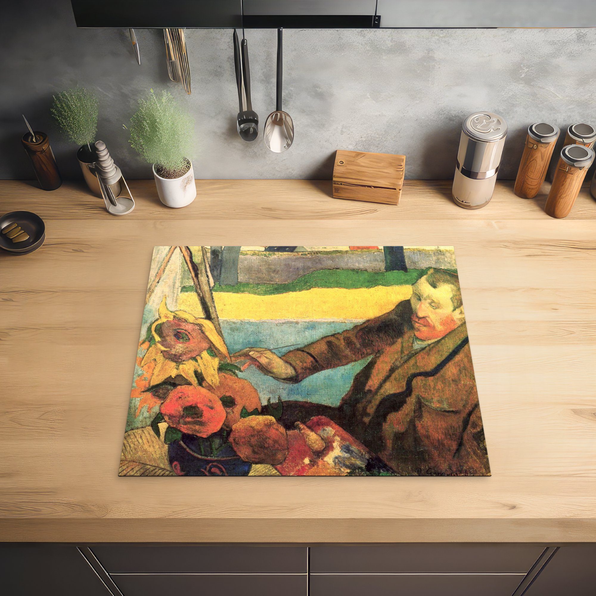 van Der tlg), cm, Herdblende-/Abdeckplatte die Gogh, küche, Vinyl, (1 Sonnenblumenmaler - Ceranfeldabdeckung für Vincent Induktionsmatte 59x52 MuchoWow