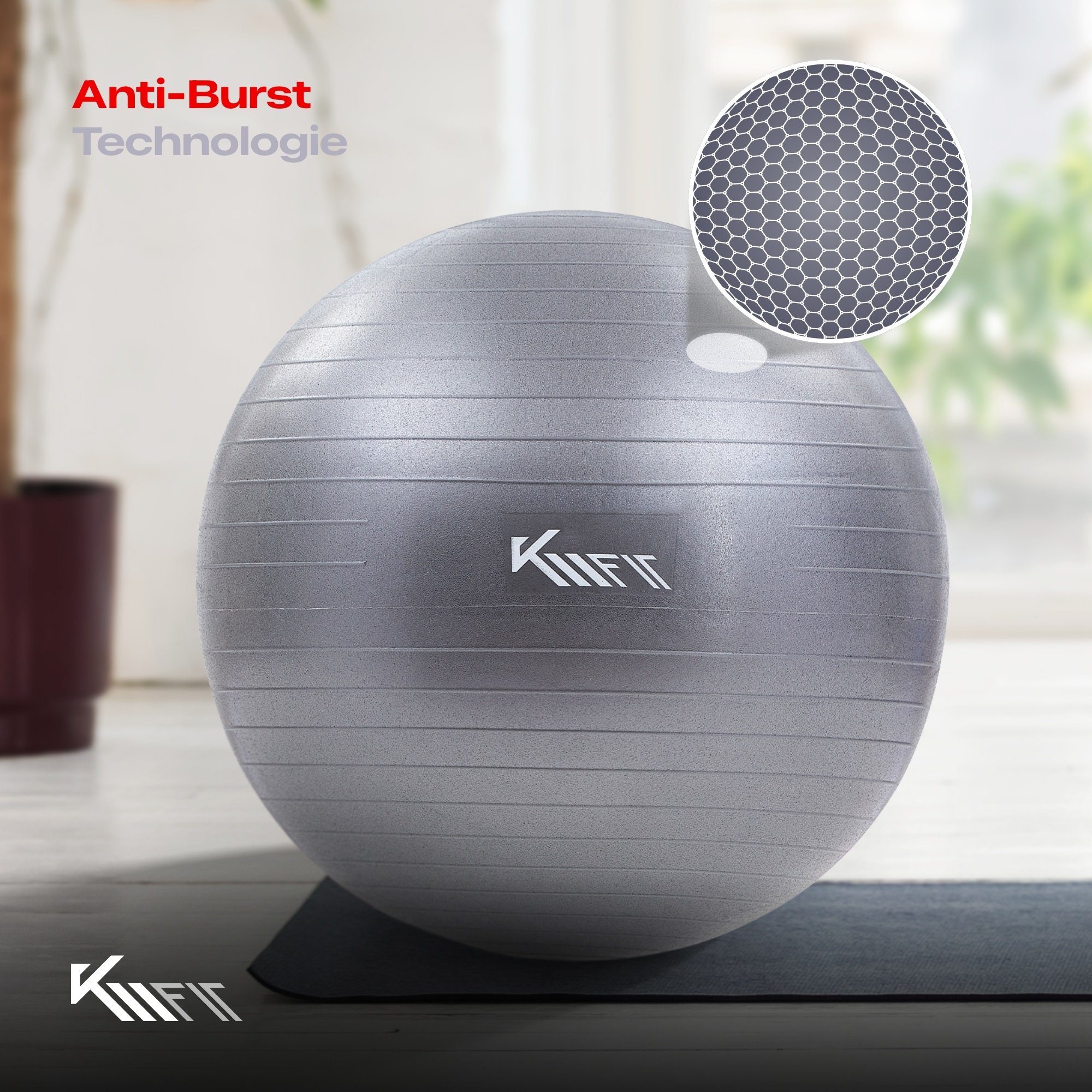 KM - Fit Gymnastikball 65 cm Trainingsball Sitzball für Fitness, Yoga & Gymnastik (mit Luft-Pumpe, Grau), Max. Belastbarkeit: 300 kg
