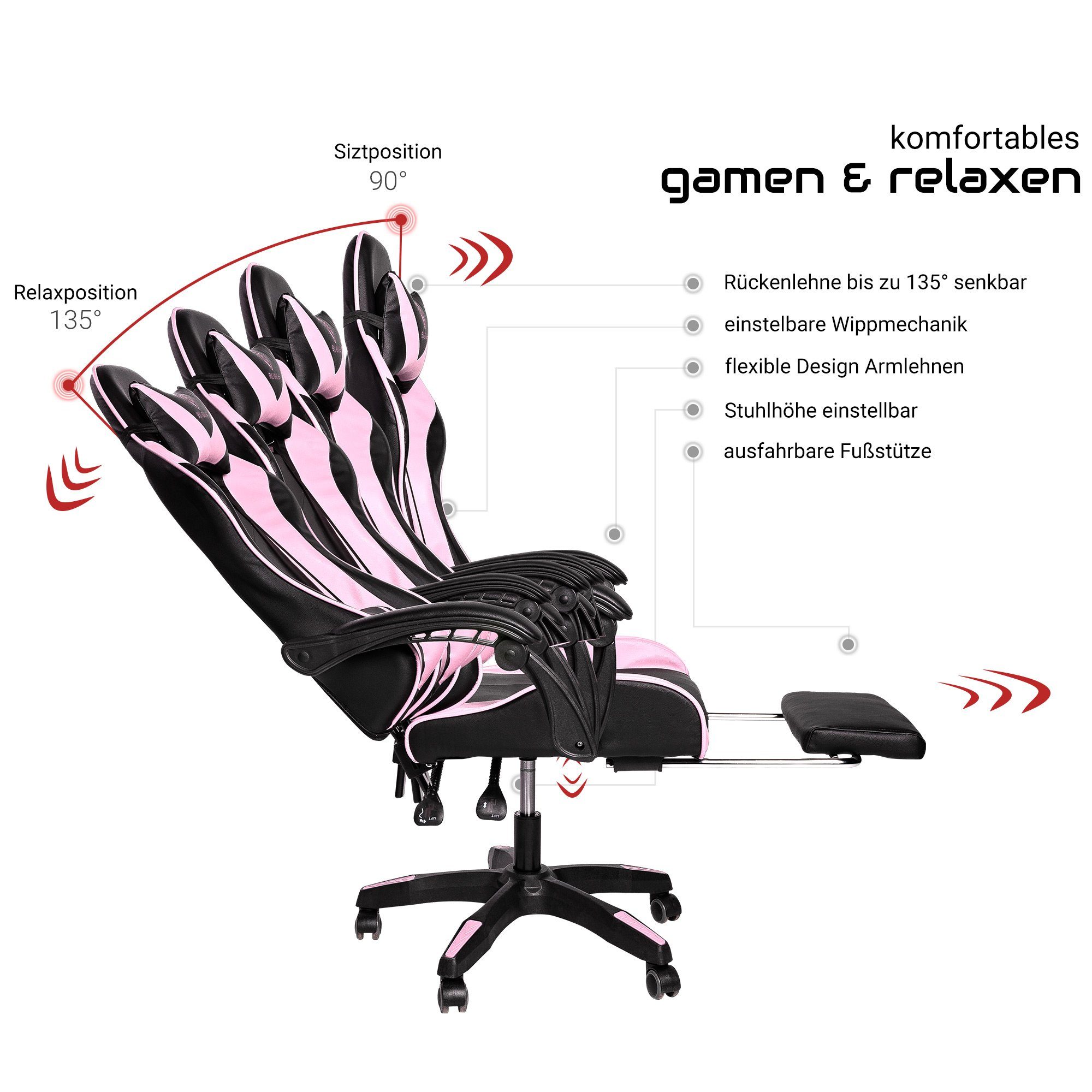 TRISENS Chefsessel Konrad (1 Stück), Schwarz/Rosa Stuhl mit Gaming flexiblen Design-Armlehnen Fußstütze mit Gaming Chair