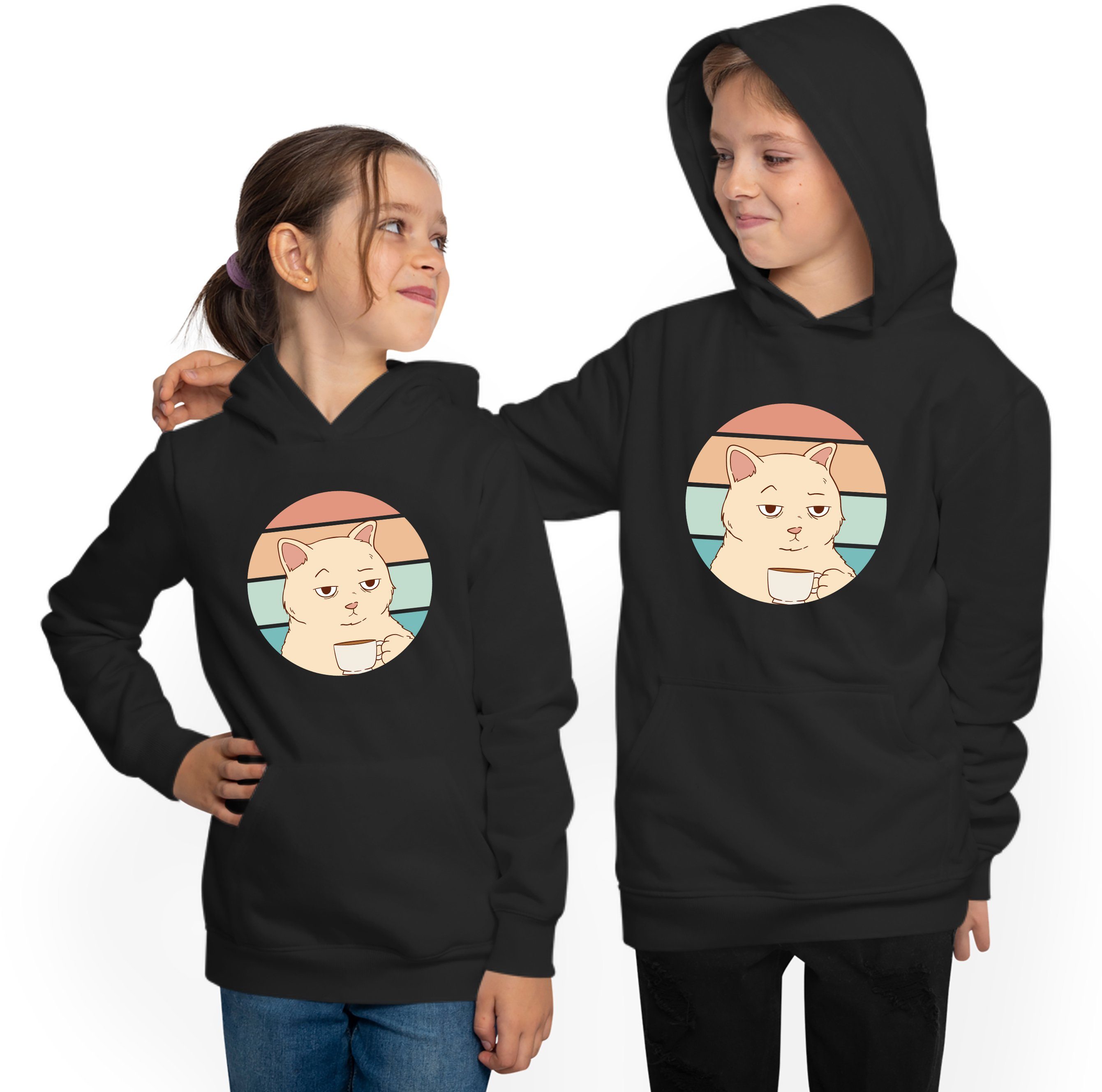 i106 Hoodie mit Aufdruck, Kapuzen Kinder Tasse Kapuzensweater Sweatshirt Retro Katze - MyDesign24 mit