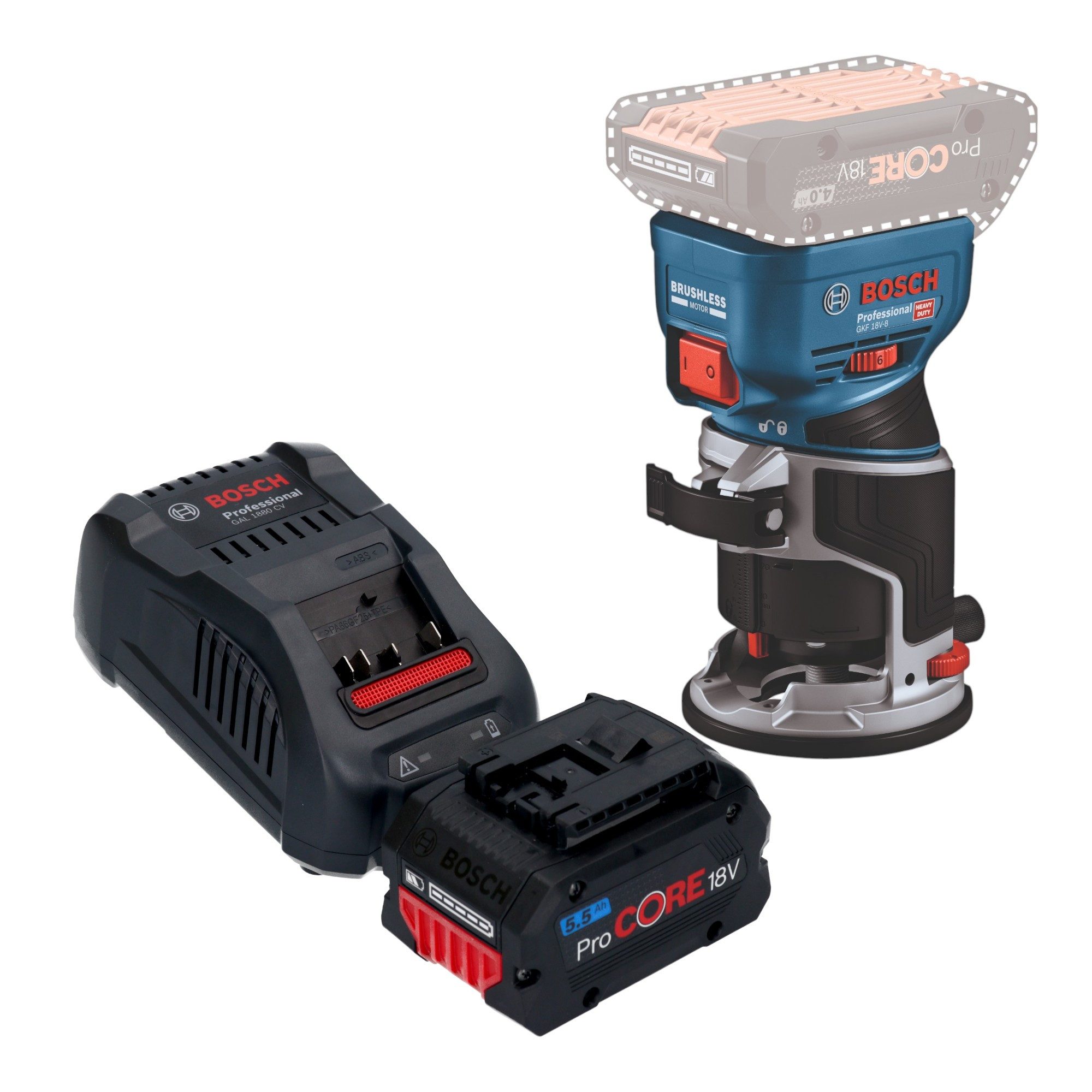 Bosch Professional Oberfräse GKF 18V-8 Professional Akku Kantenfräse 18 V 8,0 mm Brushless + 1x