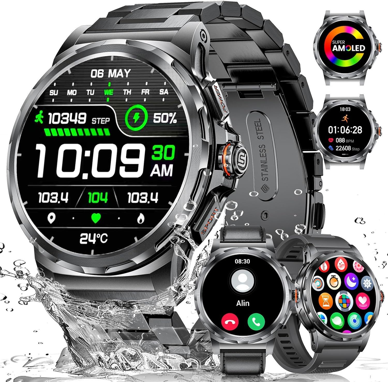 Lige Militär-Edition mit AMOLED Display und Telefonfunktion Smartwatch (3,6 cm/1,43 Zoll, Android iOS), IP68 Alltagsbegleiter mit Gesundheitsüberwachung und 120 Sportmodi
