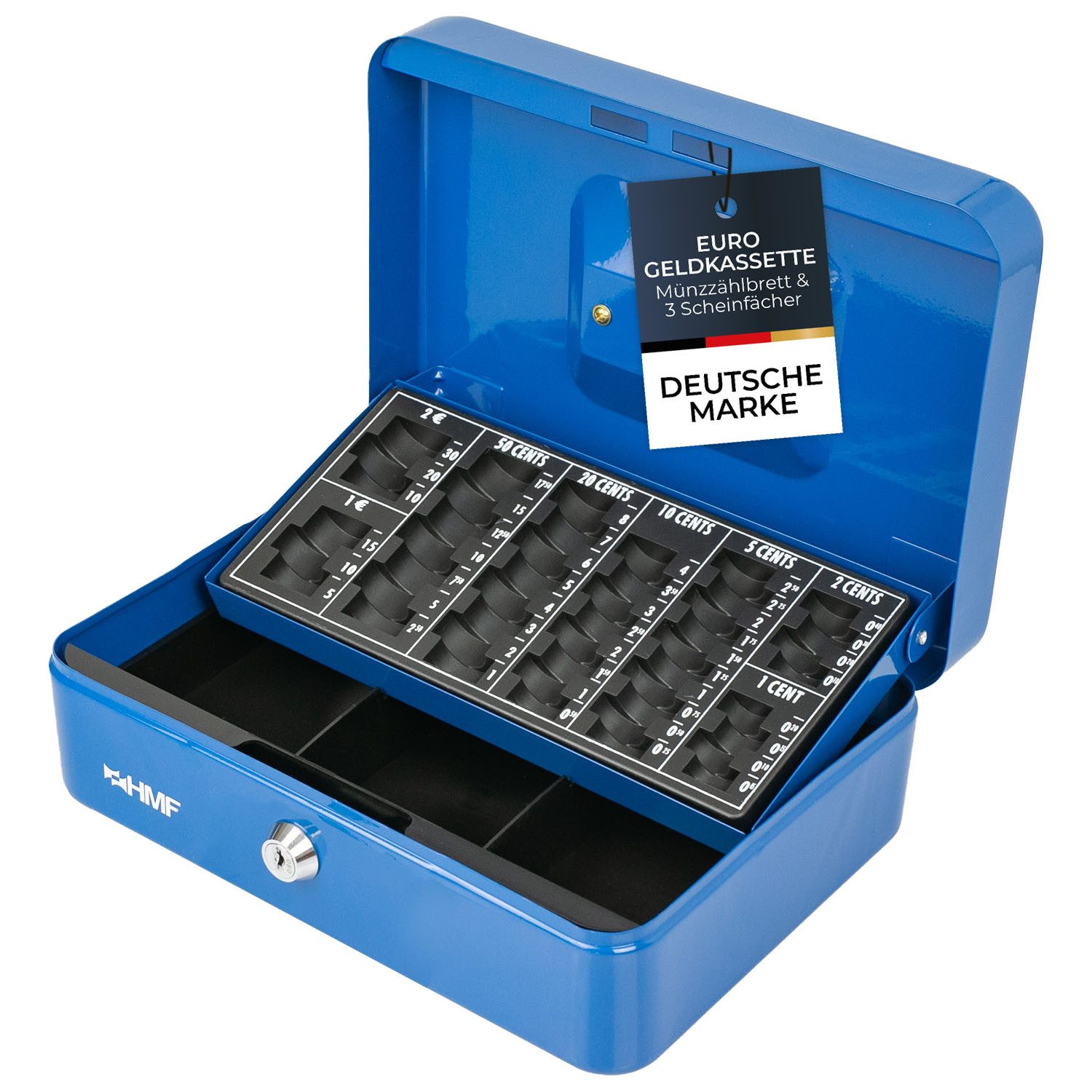 HMF Geldkassette Bargeldkasse mit herausnehmbarem Münzzählbrett und Scheinfach, Geldbox mit Schlüssel, 25 x 18 x 9 cm, blau