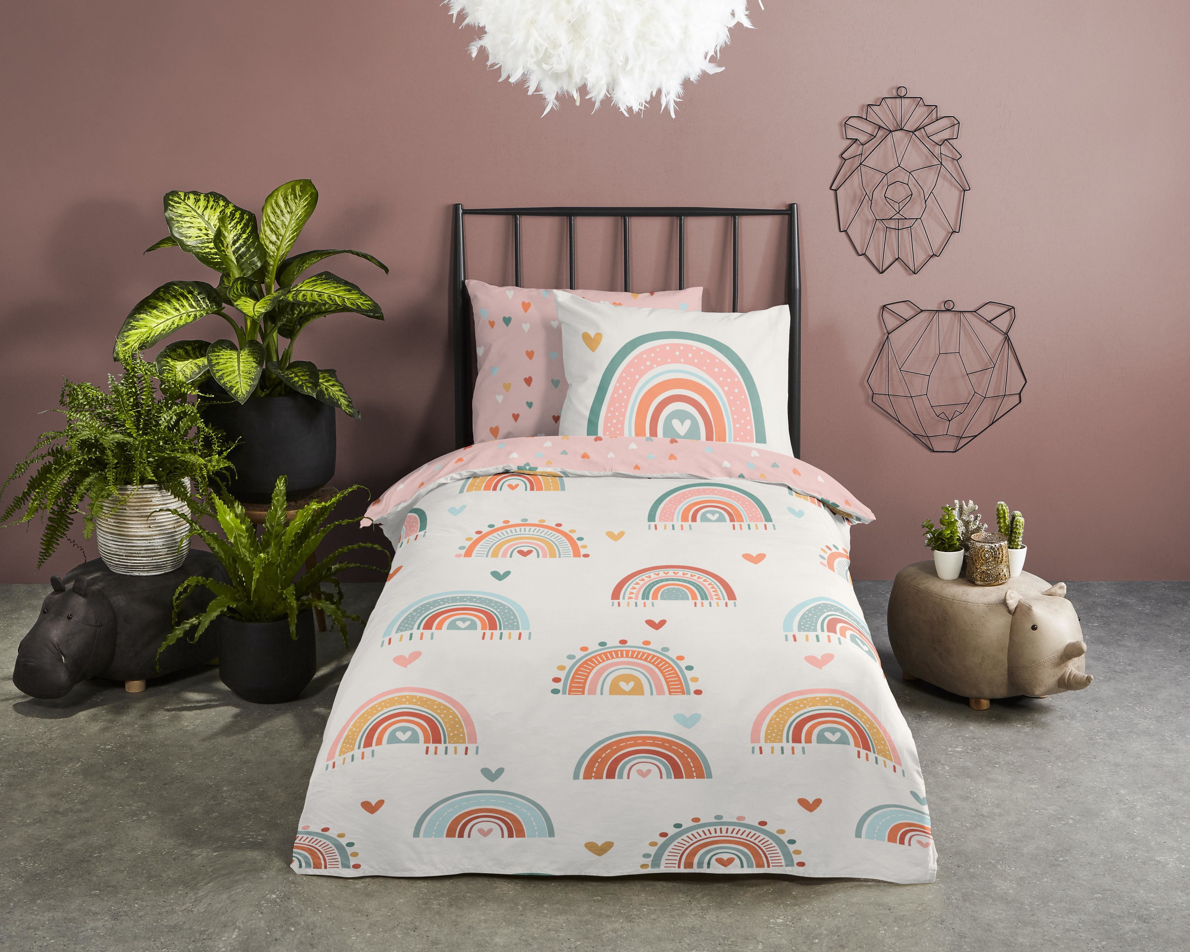 good morning Babybettwäsche Louie, Renforcé, 2 teilig, Baumwolle, Renforcé, Wendeoptik, Baby, Kind, Mädchen, Regenbogen, Rosa – Bild 2 von 4