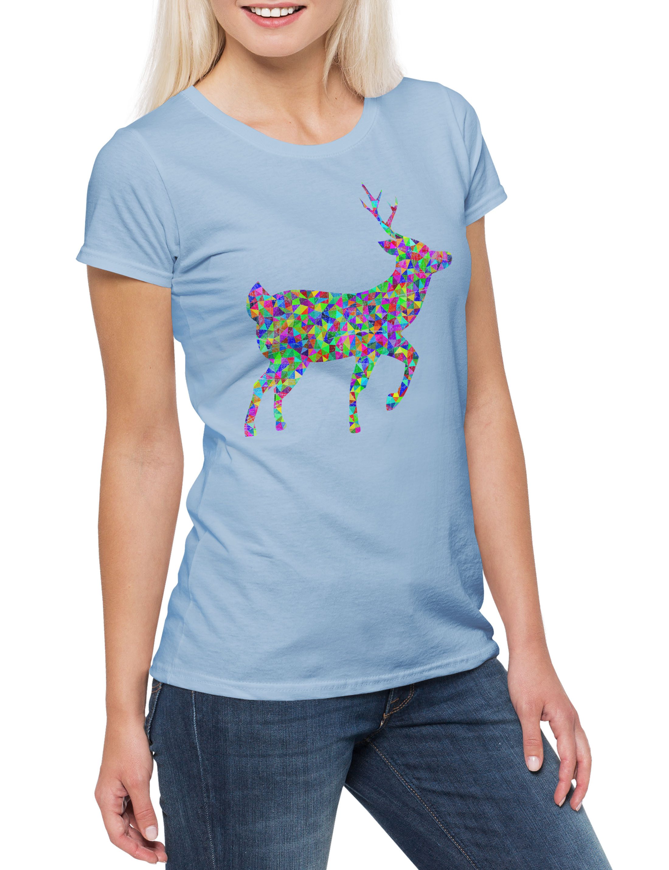 Print-Shirt Colored Deer Damen T-Shirt Hirsch Reh Wild Jagd Jägerin Rehkitz Toon