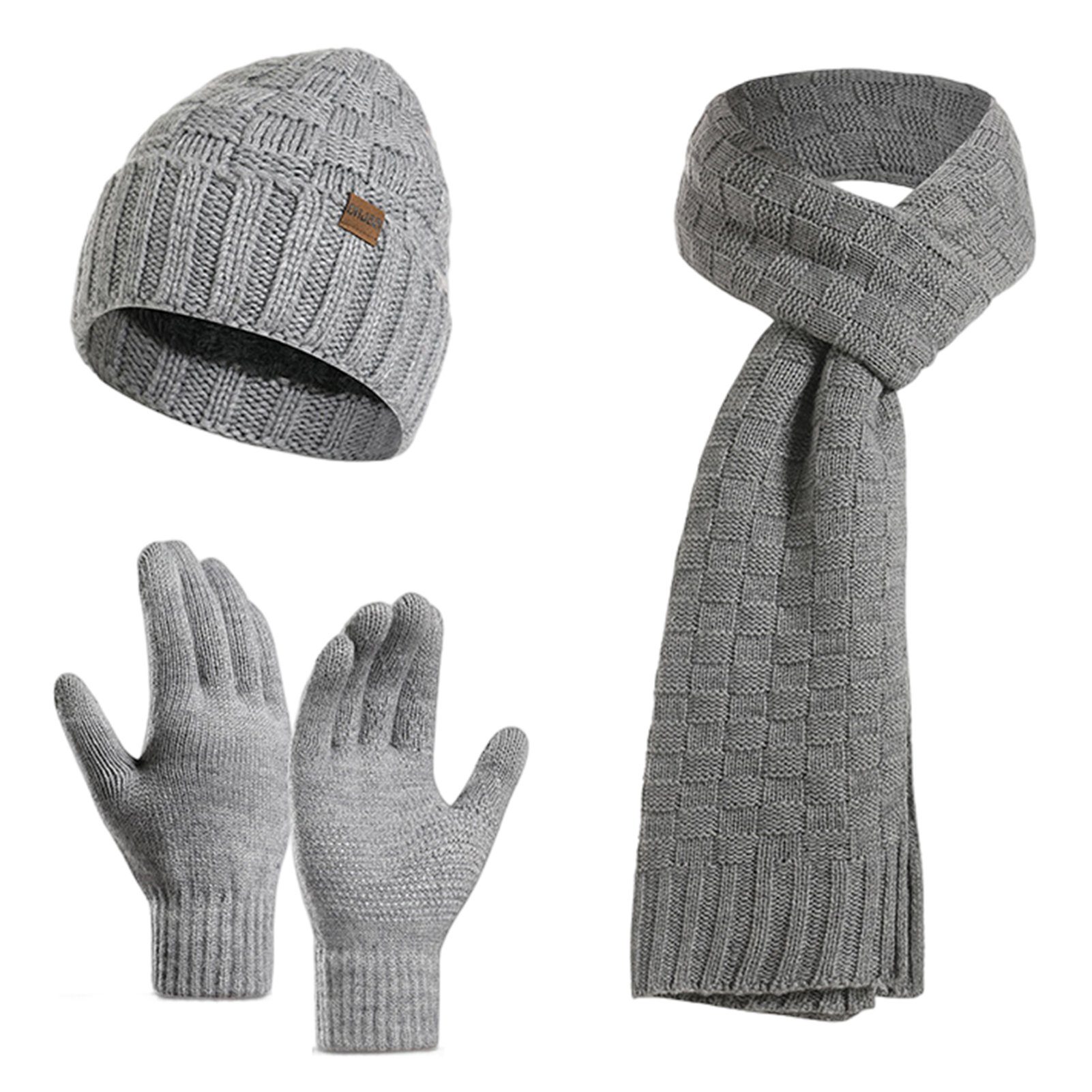 Rutaqian Strickmütze Winter Warm Mütze Schal und Handschuhe Set für Herren und Damen (Dreiteiliges, kältebeständiges, warmes Fleece-Set für den Außenbereich) Grau