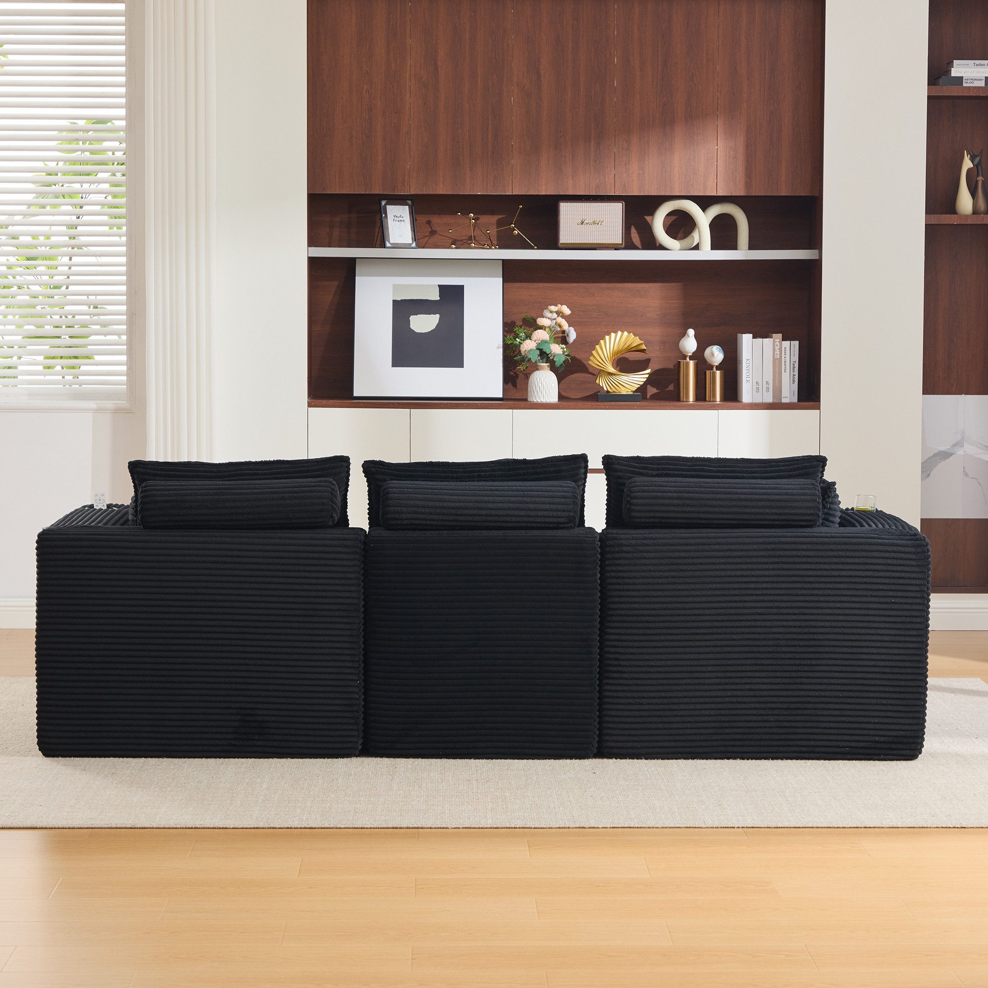OKWISH Sofa 3-Sitzer Ecksofa Loungesofa, mit Fußhocker im beigen Cordstoff, inkl. Getränkehalter, Seitentaschen & Kissen, Schaumstoff-Federkern Komfort, Loungesofa