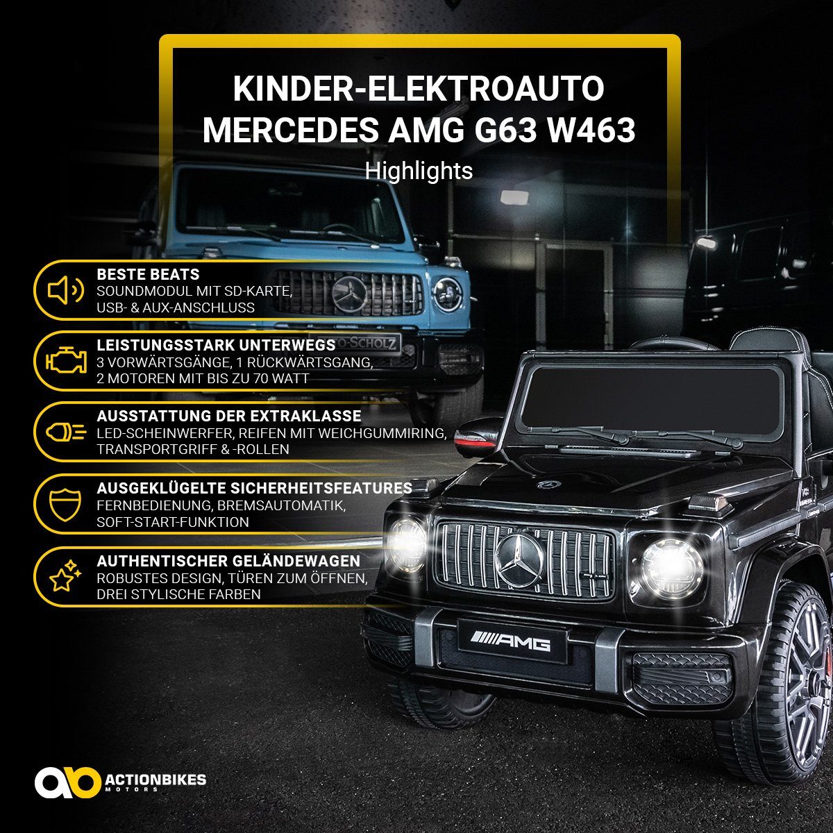 Actionbikes Motors Elektro-Kinderauto Mercedes Benz AMG G63 - Kinder  Elektro Auto ab 3 Jahre, Belastbarkeit 35 kg, (2-tlg), Soft-Start -  Stoßdämpfer - m. Fernbedienung - Bremsautomatik