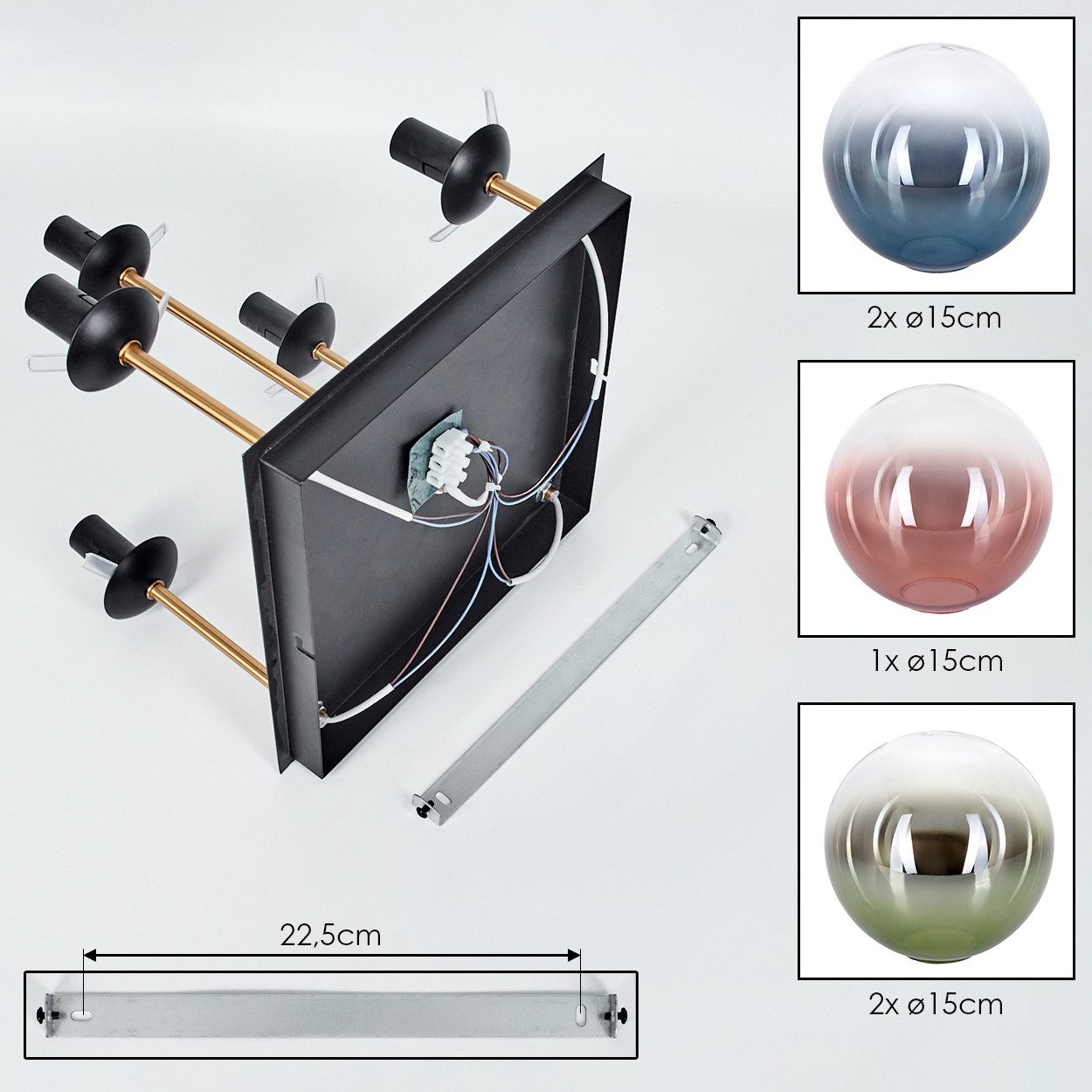 hofstein Deckenleuchte Deckenlampe aus Metall/Glas in Schwarz/Gold/Blau/Grün/Kupfer/Klar, ohne Leuchtmittel, Deckenleuchte im Retro/Vintage-Design (Schirme Ø 15 cm), 5 x E14