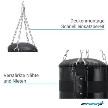 ArtSport Boxsack Boxsack Set 30 kg gefüllt, hängend 120 cm mit 4-Punkt-Stahlkette & Karabinerhaken für Erwachsene