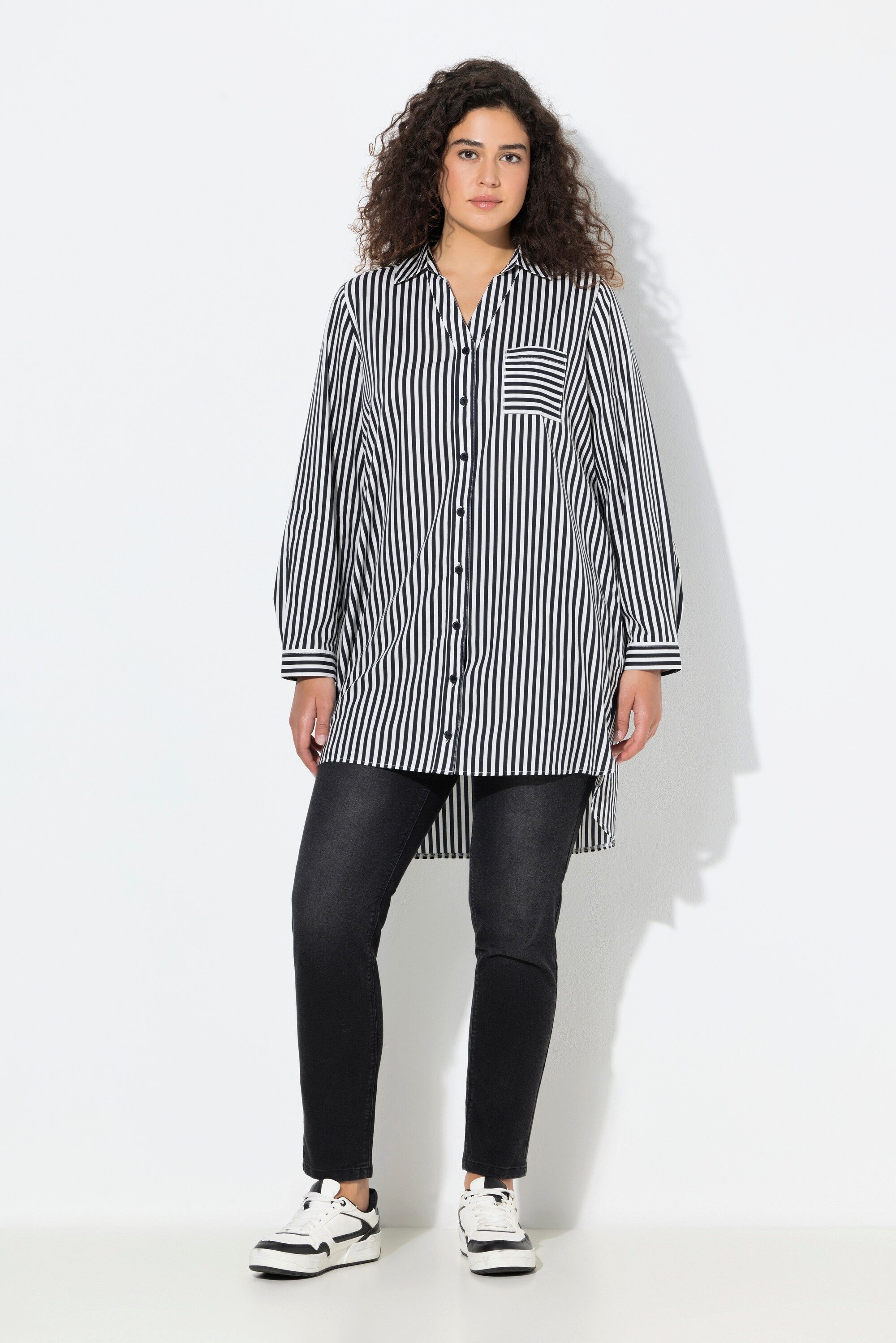 Ulla Popken Hemdbluse Hemdbluse Streifen Hemdkragen A-Linie Langarm günstig online kaufen