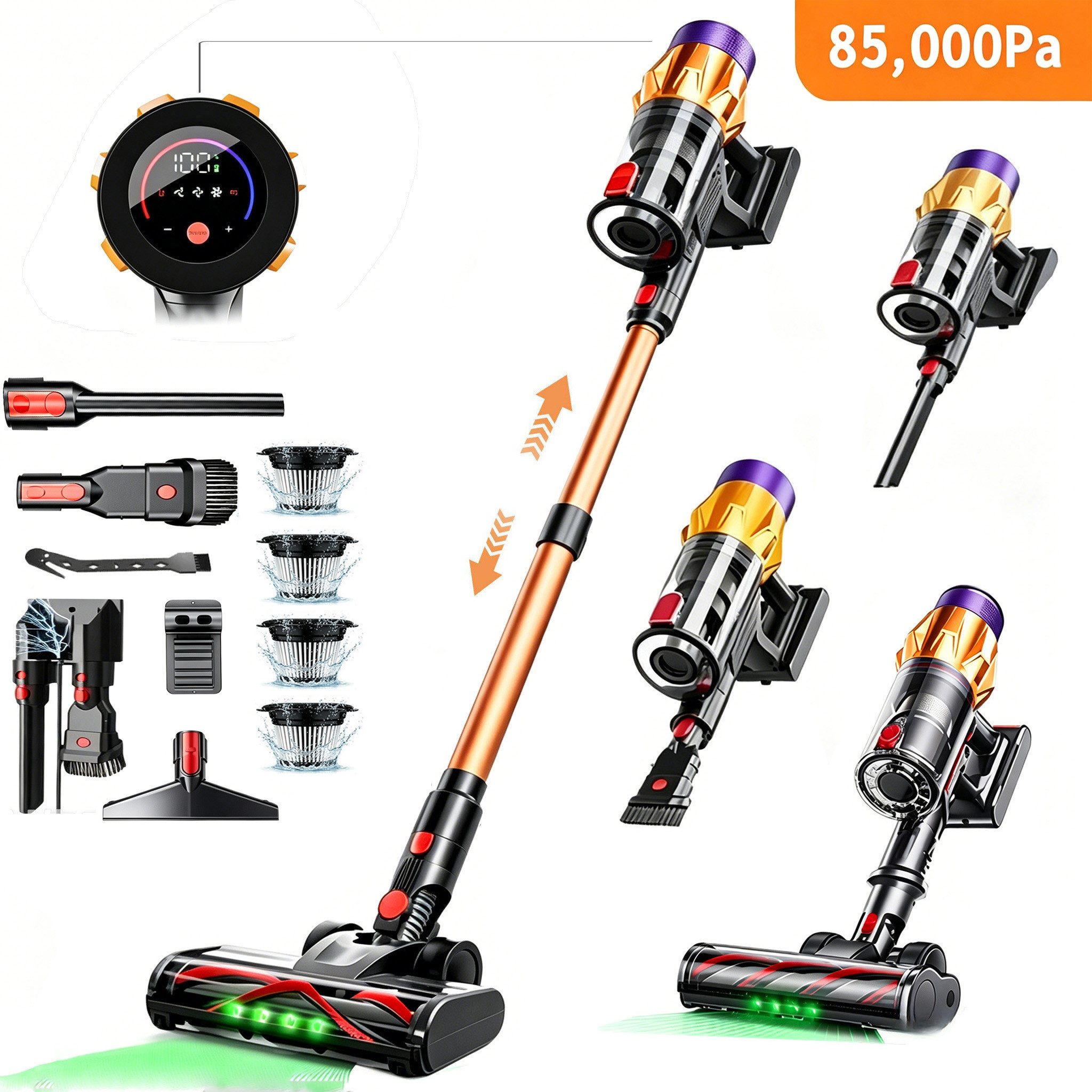 AKKEE Akku-Hand-und Stielstaubsauger Akkustaubsauger, 3 Saugstufen, 85000Pa/50 Min, 550 W, Kabellos, Integrierter BMS-Batterieschutzchip, Zyklon-Filtersystem