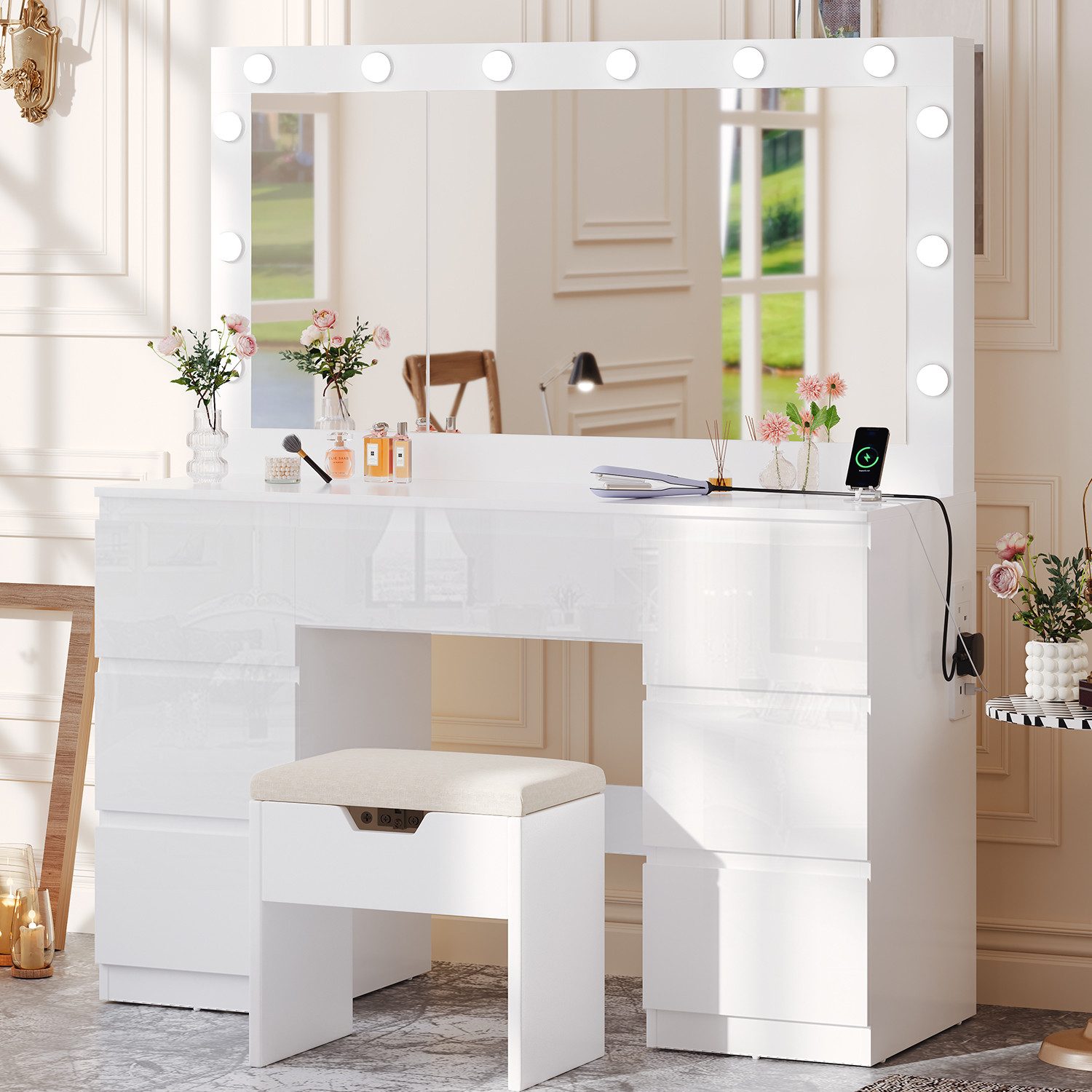 Furnicopia Schminktisch mit 7 Schubladen mit 2 Steckdosen 1 USB-Anschluss 1 günstig online kaufen