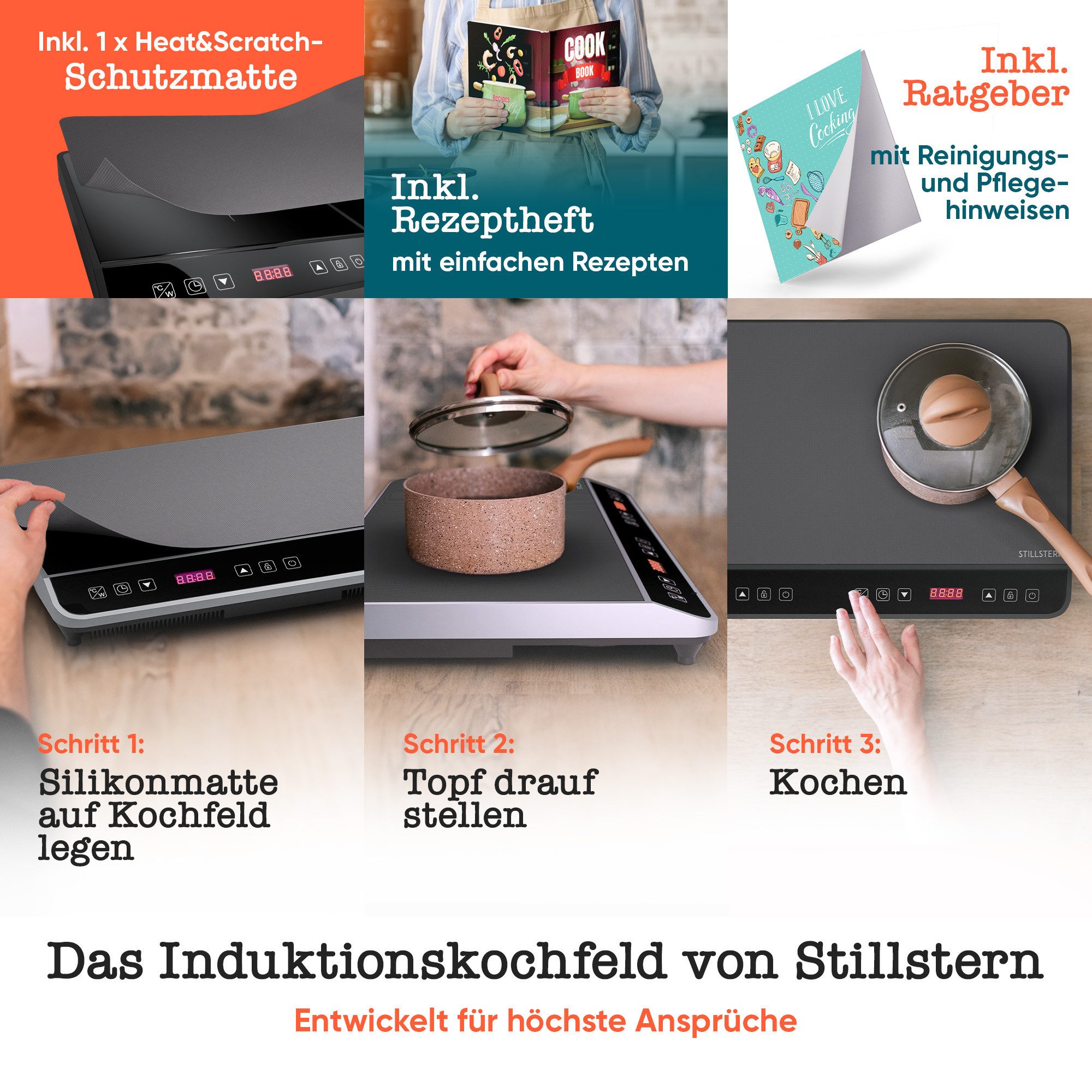 Stillstern Doppel-Induktionskochplatte Doppel-Induktionskochfeld, Schnelles Aufkochen + Temperatureinstellung, 3600W, 24h. Timer, Lautlos-Funktion, Glaskeramik