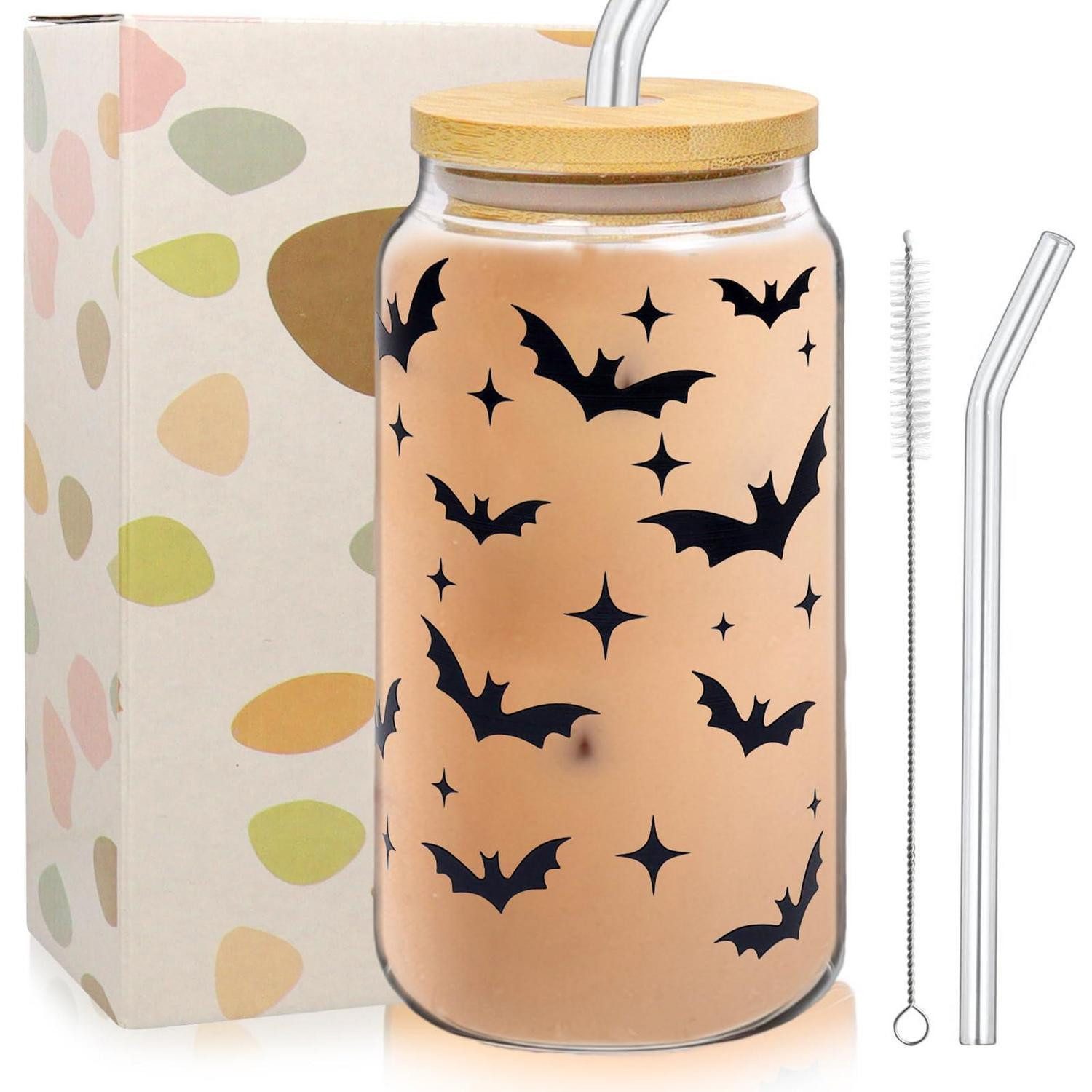 LuxusKollektion Becher Halloween Glas 500ml Fledermaus Muster m. Deckel & Strohhalm