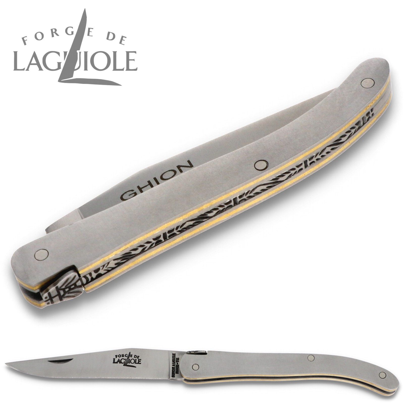 Forge de Laguiole Taschenmesser 109 SAT, "Ghion" - Griff 10cm Stahl - Verzierte Feder - Klinge Stahl satiniert