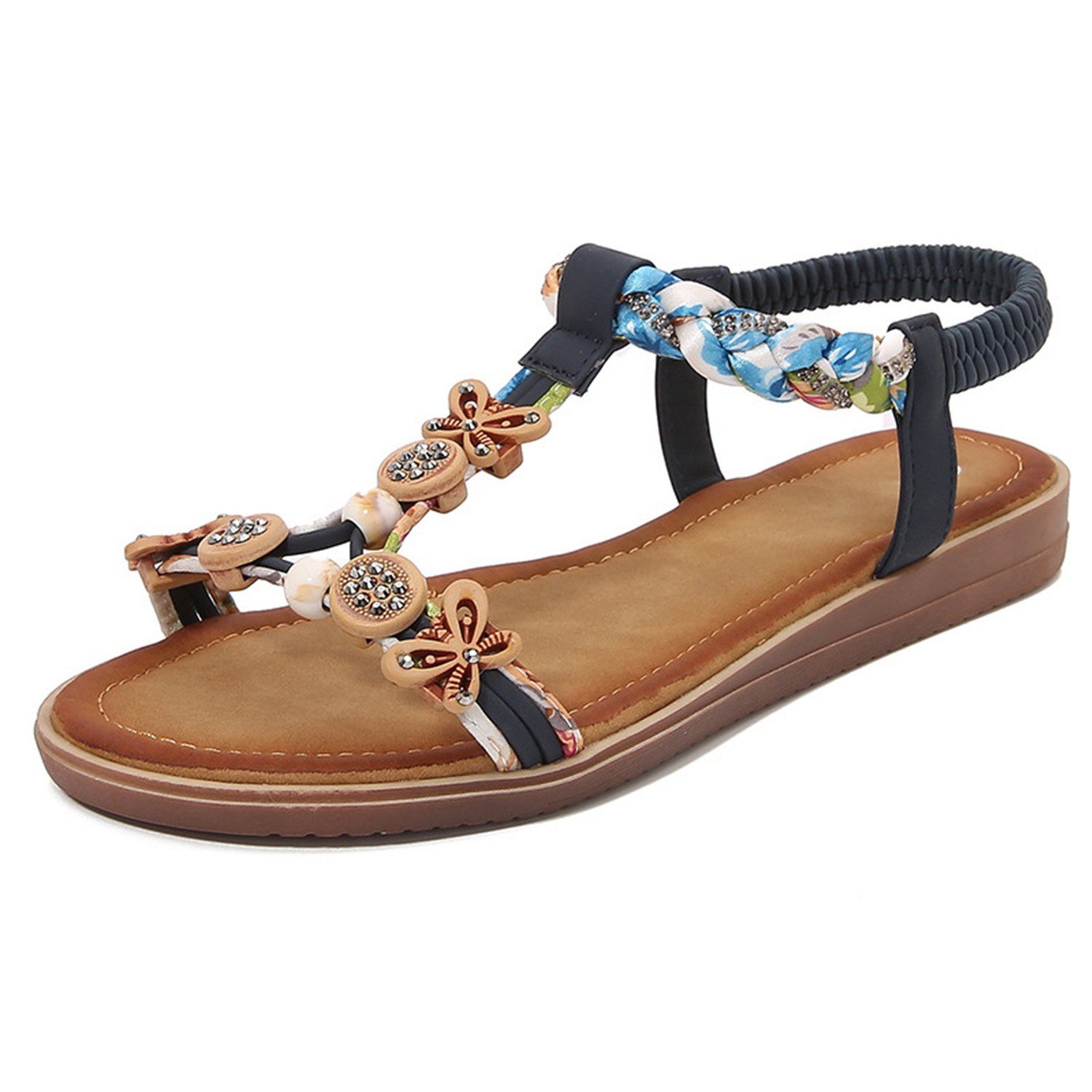 MAGICSHE Damen Marineblau Blumen-Perlen böhmischen Sommer Sandale Sandalen, Elegant