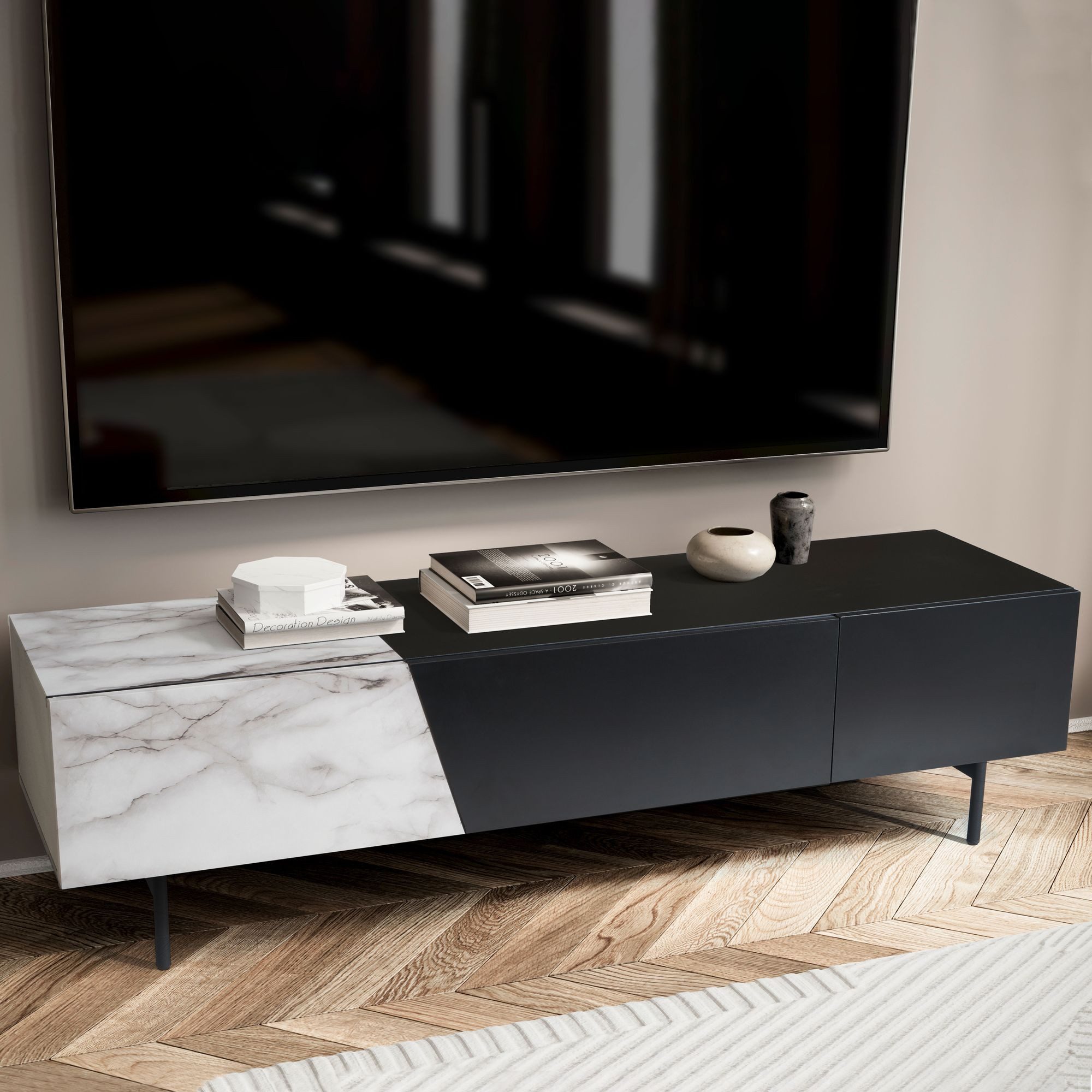 FINEBUY Lowboard FB56049 (Schwarz / Marmor-Dekor, günstig online kaufen