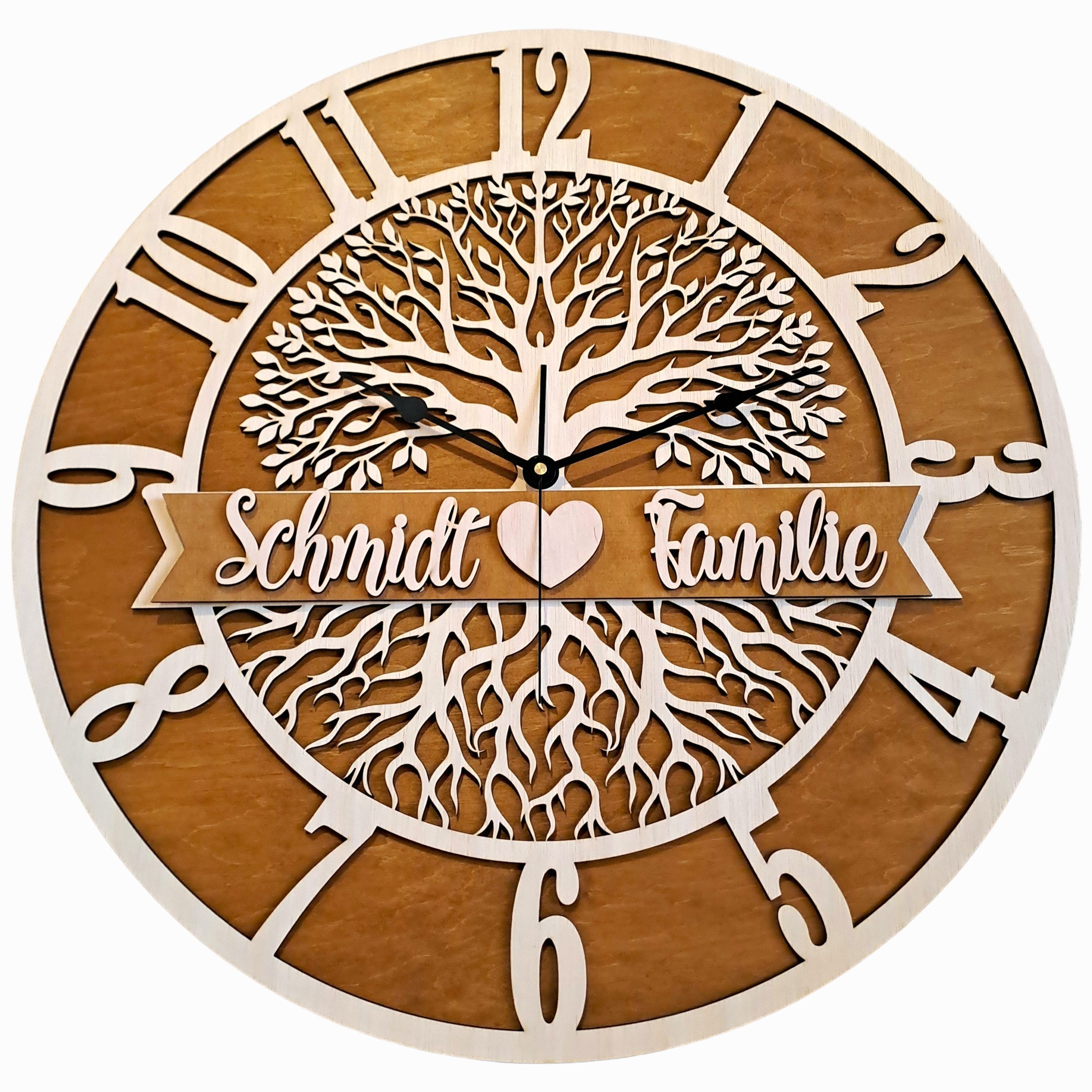 ORNAMENTI Wanduhr Große moderne personalisierte Wanduhr, Baum des Lebens, Familie, Holz (Geschenk zur Hochzeit, 3 Grossen, 40, 50, 60 cm)