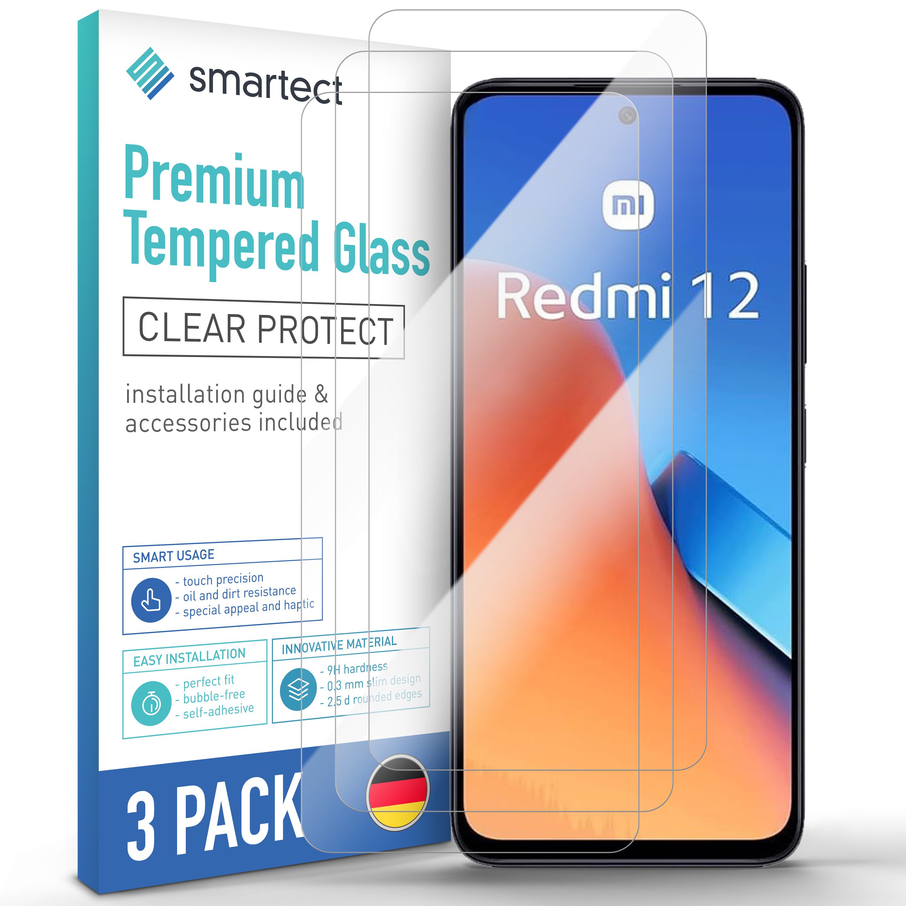 smartect Displayschutzglas Schutzglas Panzerfolie Klar für Xiaomi Redmi 12 4G / 5G, Set, 3 Stück, Schutzfolie Glasschutz Bildschirm