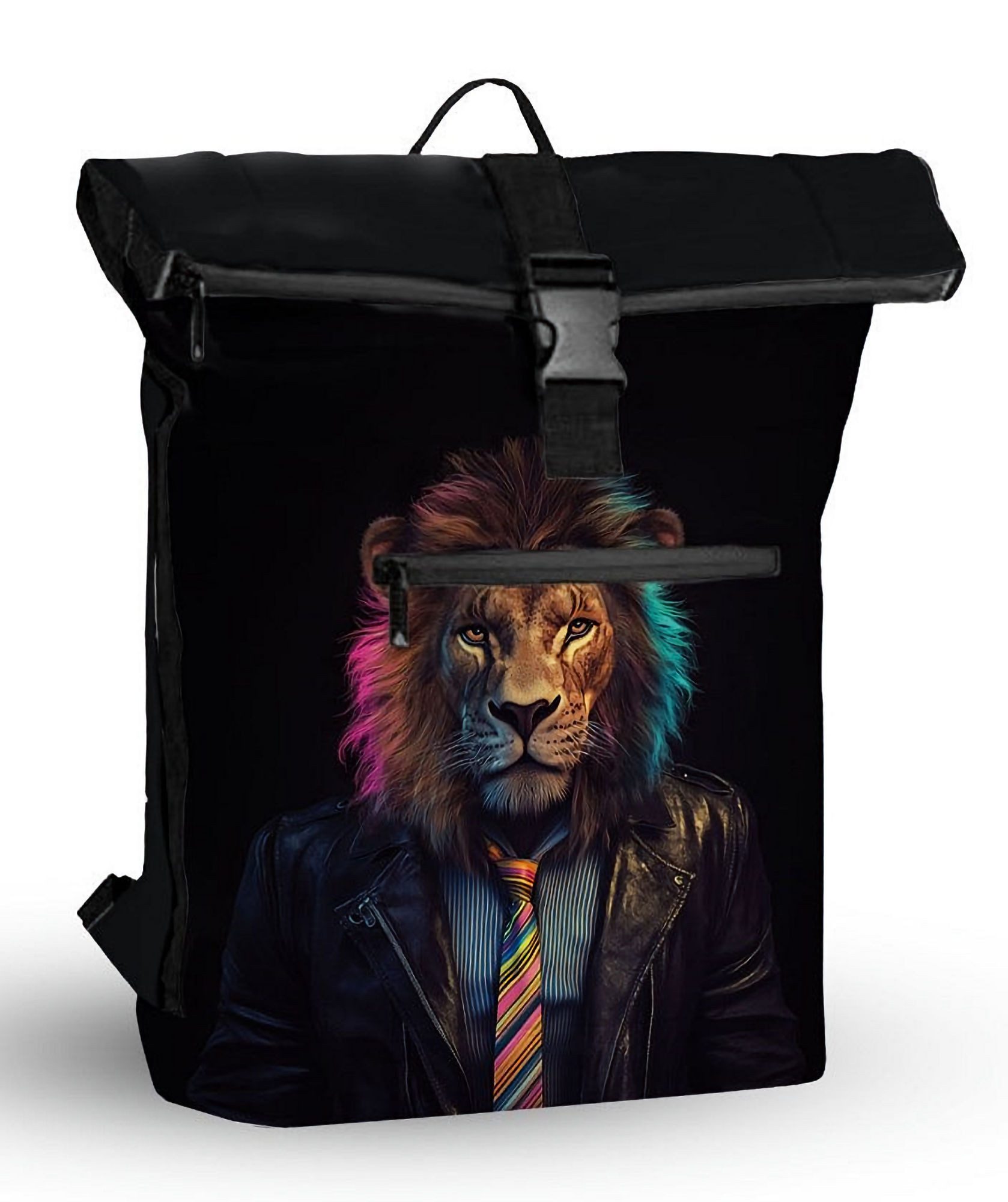 NEW REBELS Laptoprucksack Roll Up RollTop Kurier Rucksack Freizeitrucksack "Lion" New York, wasserabweisend, Laptopfach, Kunstmotiv Löwe