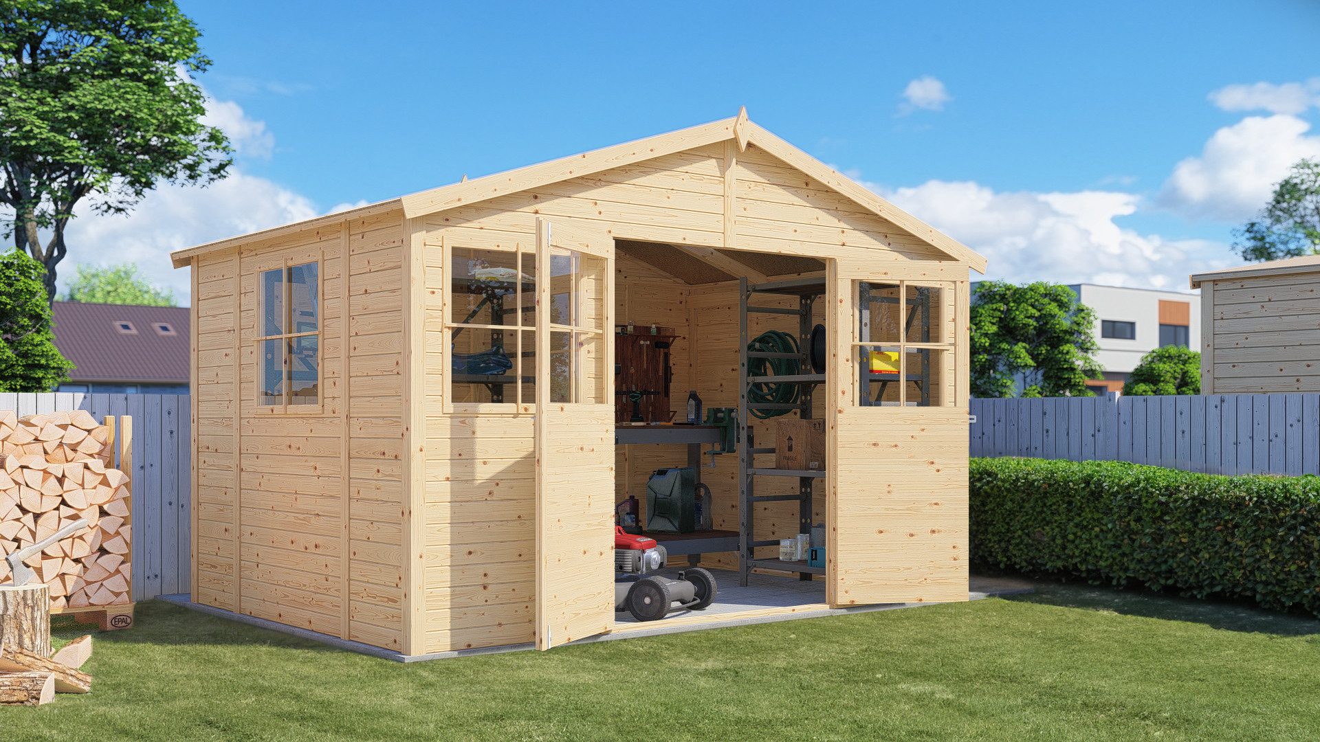 BERTILO Gartenhaus Workshop 1 naturbelassen, BxT: 364x251 cm, Großes Gartenhaus aus exakt vorgefertigten Elementen