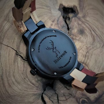 Holzwerk Quarzuhr AHLEN kleine Damen Holz Armband Uhr, Hirsch Kopf Logo, schwarz, braun