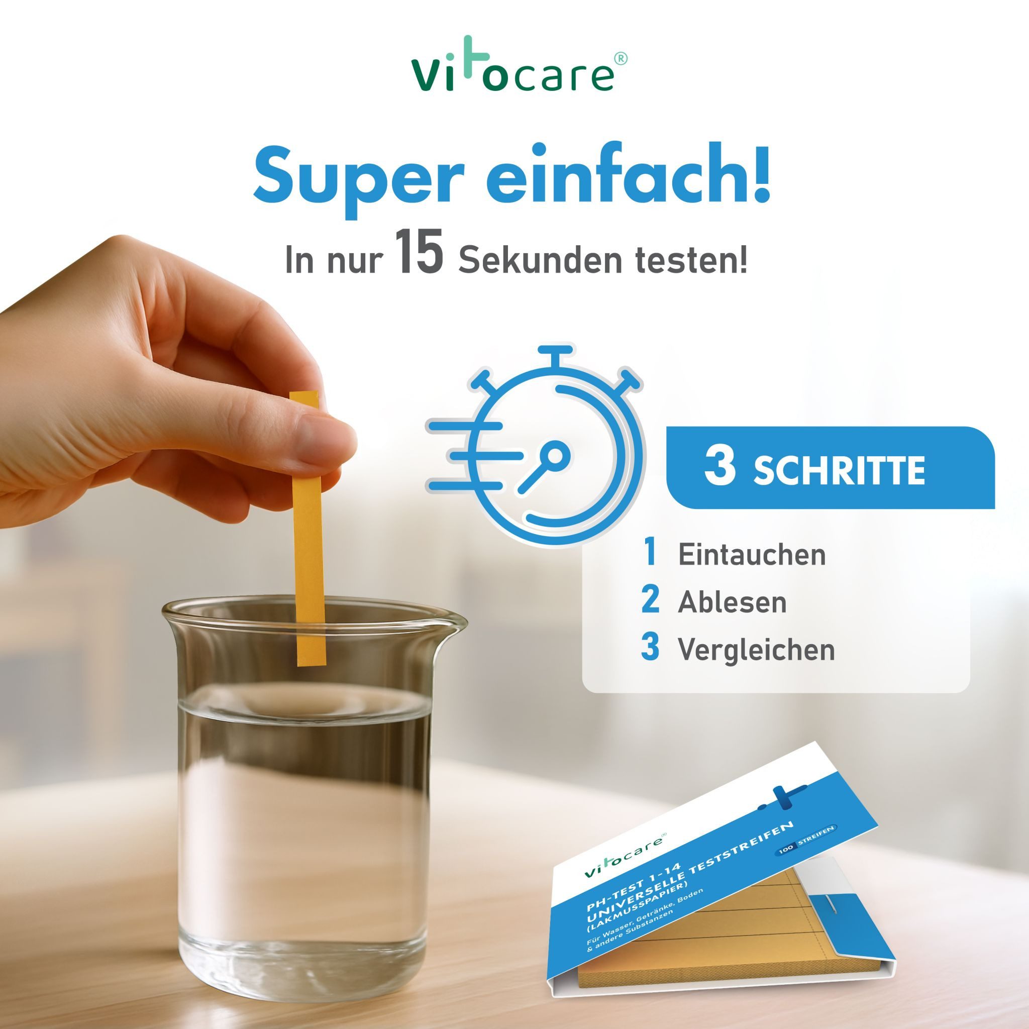 Vitocare Trinkwassertest pH-Lackmus-Teststreifen (100 Stk) – Säure-Basen-Wert präzise messen