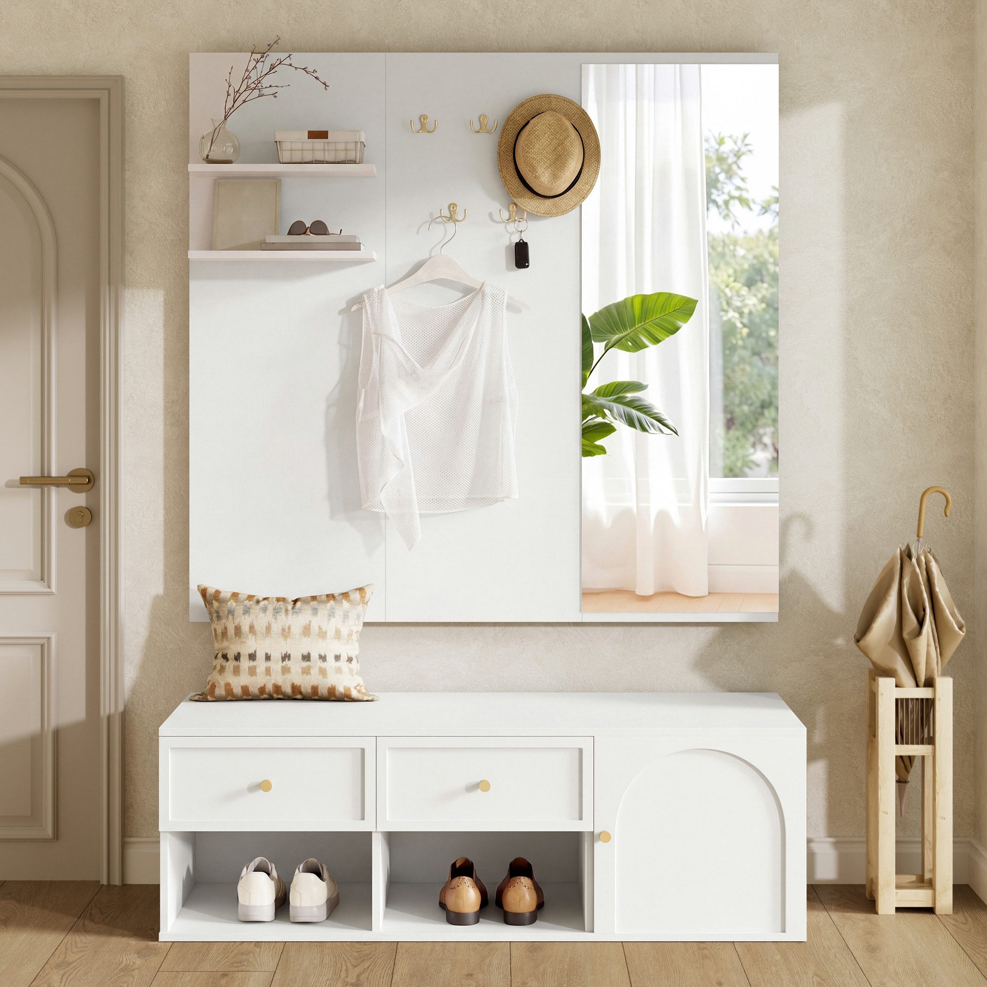 Flieks Garderoben-Set Wandgarderobe mit Schubladen, Schuhregal, Sitzbank, 5 Haken, Spiegel, (B120xT35xH159 cm), Kompaktgarderobe Flurschrank Einganschrank Flurmöbel-Set Weiß
