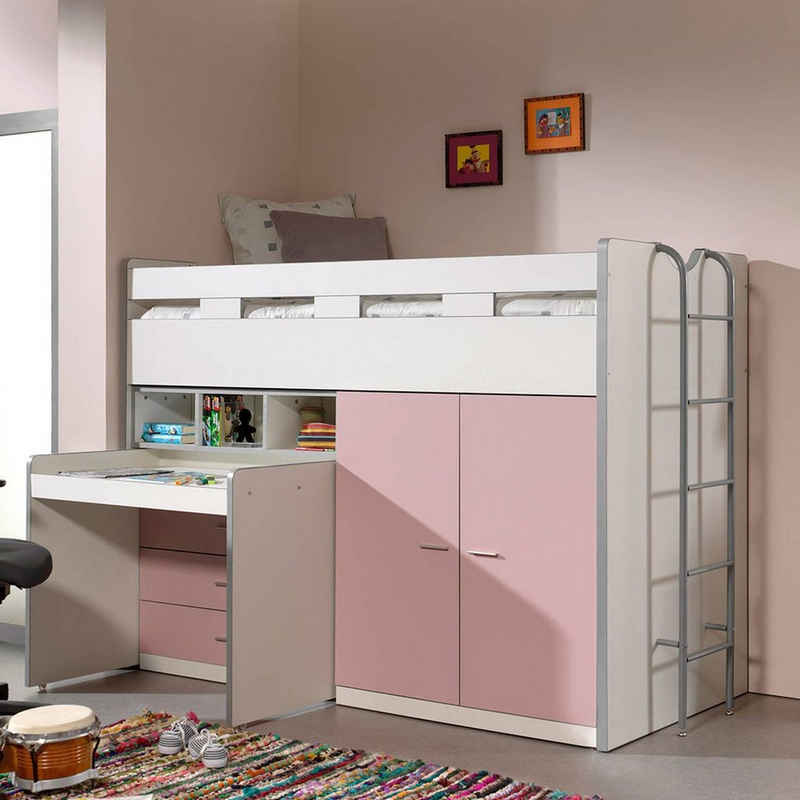 Lomadox Funktionsbett, Hochbett BONNY-12 mit Schreibtisch und Stauraum - Liegefläche 90x200cm - weiß & rosa - Stellmaß B/H/T: 227/150/95cm