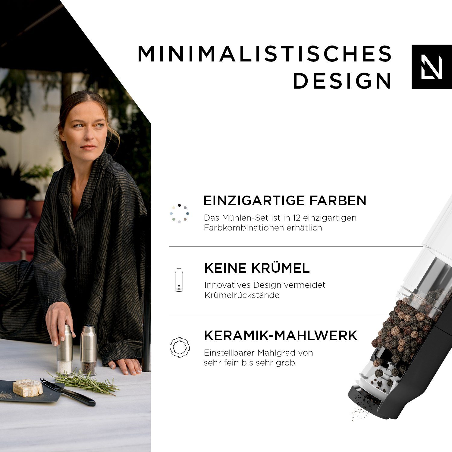 Omvendt Salz-/Pfeffermühle and NYSØM Keramik-Mahlwerk mit Black Manuell, White einstellbarem LARS
