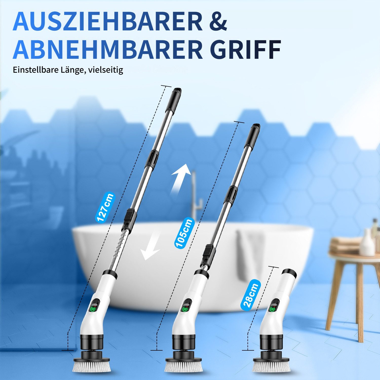 Tekoo Reinigungsbürste Elektrische Reinigungsbürste, Putzbürste Elektrisch mit 9 Bohrköpfen, Fliesen, Glas, Keramik, Fugen, Edelstahl, (Reinigungs-Set), LED-Akkustandsanzeige, Teleskopstiel, 9-in-1 Set, IPX7 wassergeschützt