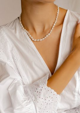 Hey Happiness Perlenkette Halskette Süßwasserperlen weiß, Collier 41-46 cm, 925 Silber Kette Damen Perle, 18K Gold, Brautschmuck
