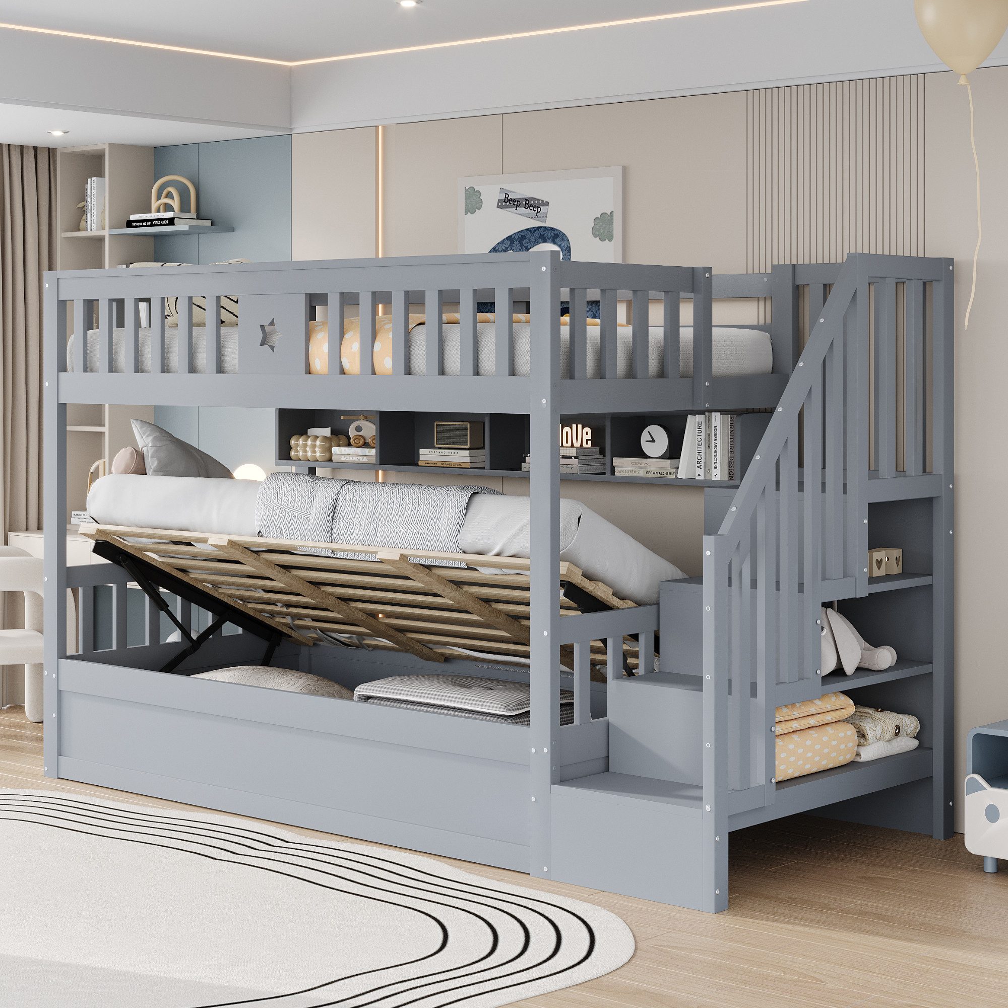 Odikalo Etagenbett Kinderbett 90x200 Holzbett mit Bettkasten (Unterbett hydraulisch, Stauraumtreppe, Regale)
