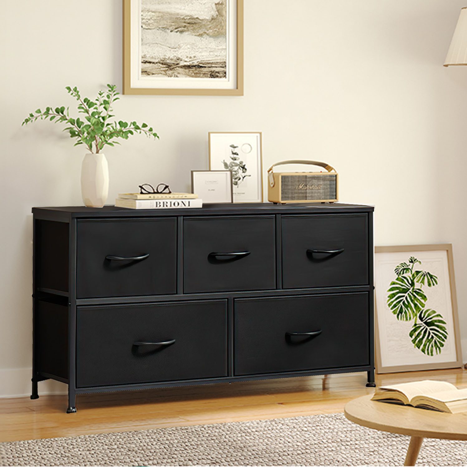 Refined Living Kommode Schubkastenkommode mit 5 Schubladen Stoffkommode stabilem Stahlrahmen (Sideboards mit Holzplatte und leicht zu ziehendem Griff für Schränke, Große Kapazität, Aufbewahrung von Kinder- und Erwachsenenkleidung), wasserdicht Geeignet für Wohnzimmer, Kinderzimmer, Flur, Schlafzimmer