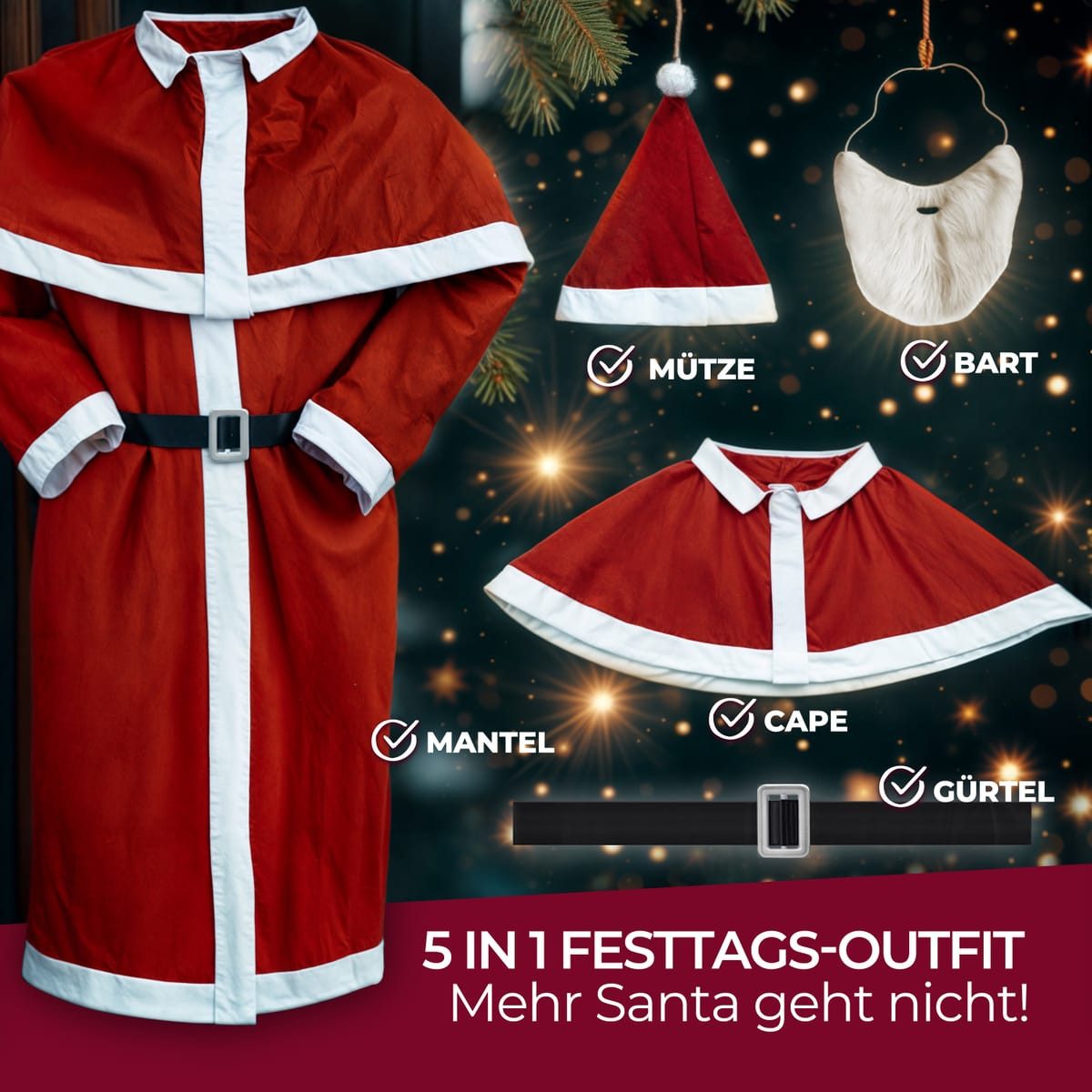 Detex Kostüm, Weihnachtsmann Kostüm 5tlg. Set Nikolaus Anzug Erwachsenen Santa