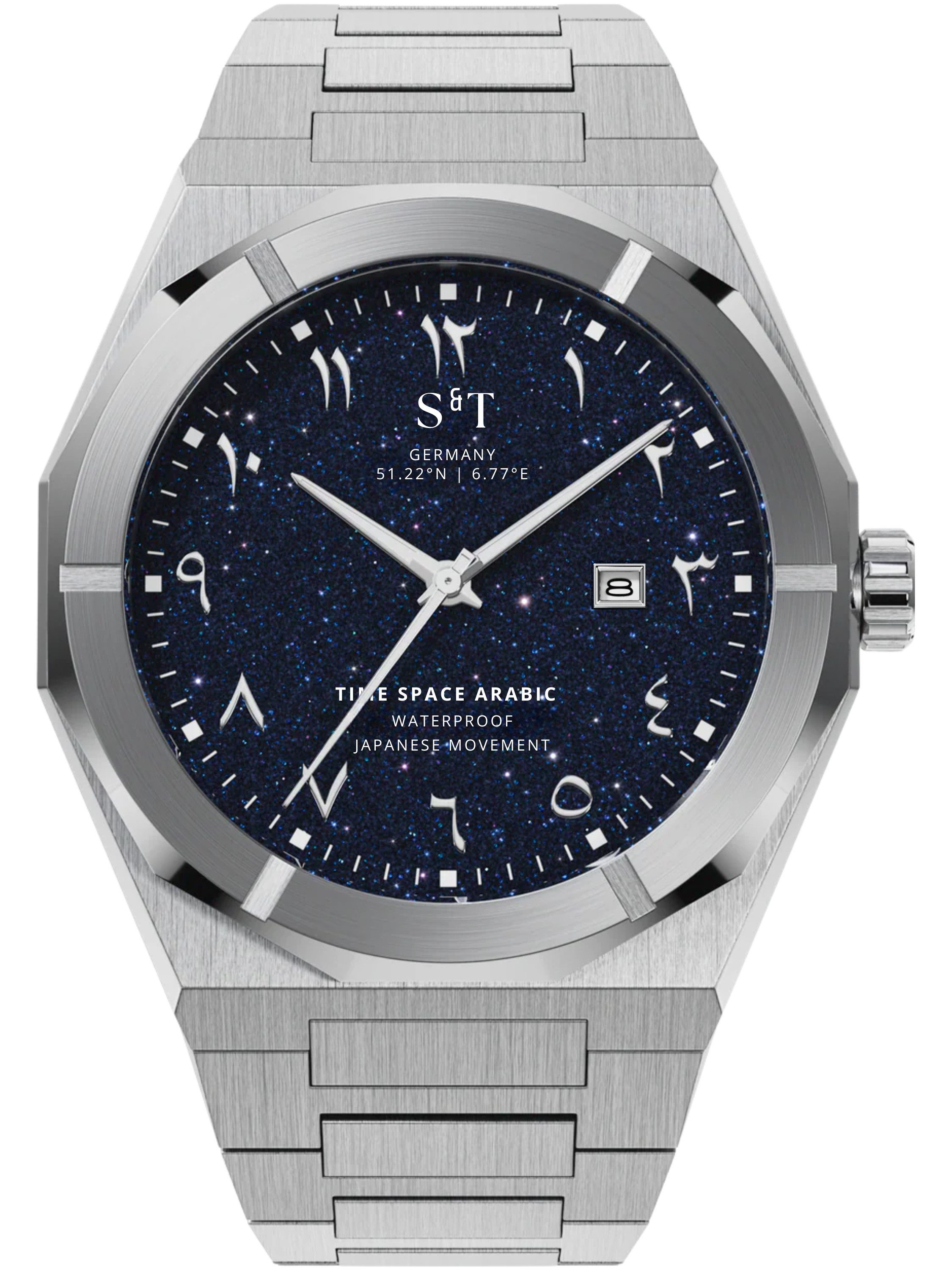 S&T Design Quarzuhr Armbanduhr Arabische Zahlen Frosted Iced Edelstahl Datum Herrenuhr TIME SPACE ARABIC, (Packung, inkl. Uhrenbox), Japanisches Quarzwerk 40mm Leuchtzeiger Sternenhimmel Frosted