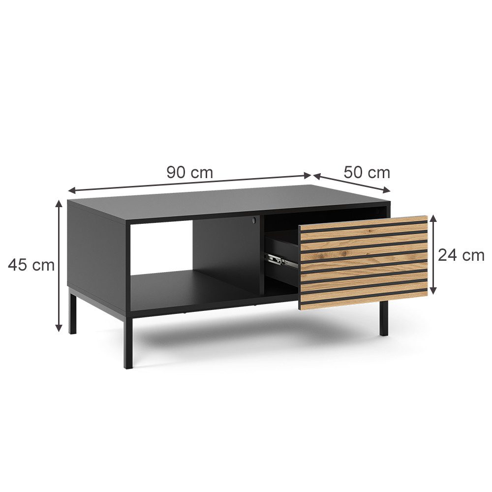 Vicco Couchtisch Eliza, Schwarz/Eiche, 90 x 50 cm mit einer Schublade (1-St)