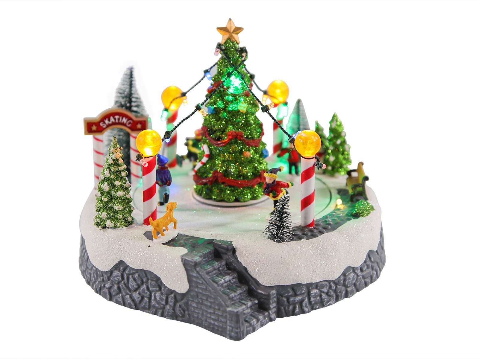 Spetebo Weihnachtsszene LED Weihnachtsdekoration "Eisbahn mit Tannenbaum", mit Musik