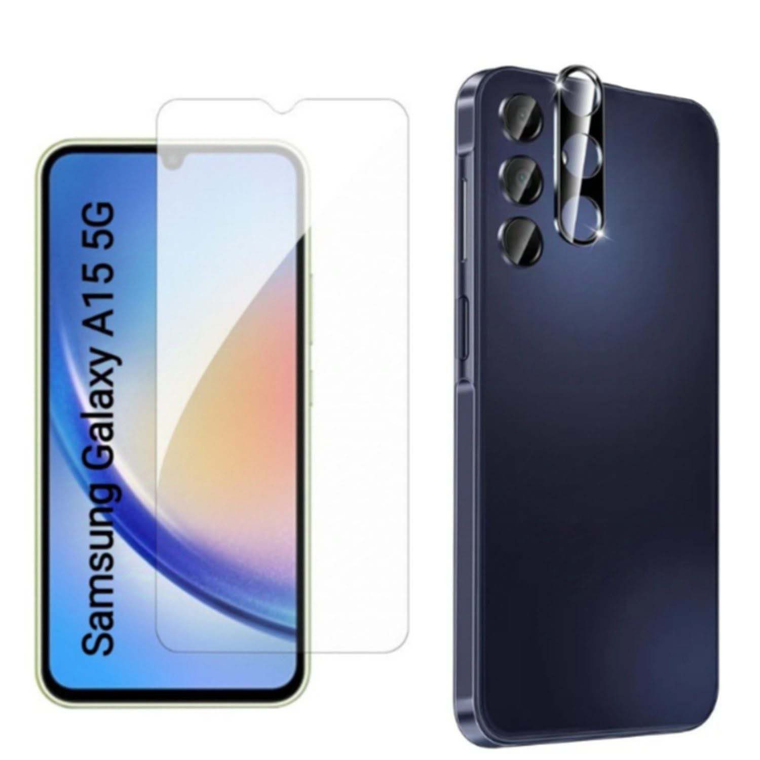 CLM-Tech Displayschutzglas 1X Schutzfolie für Samsung Galaxy A15 5G Panzerfolie 1X Kameraschutz für Samsung Galaxy A15 5G, 2er Set Kameraglas Panzerglas Displayschutz 9H Glas, 2 Stück, Unterstützt Fingerabdruck-ID