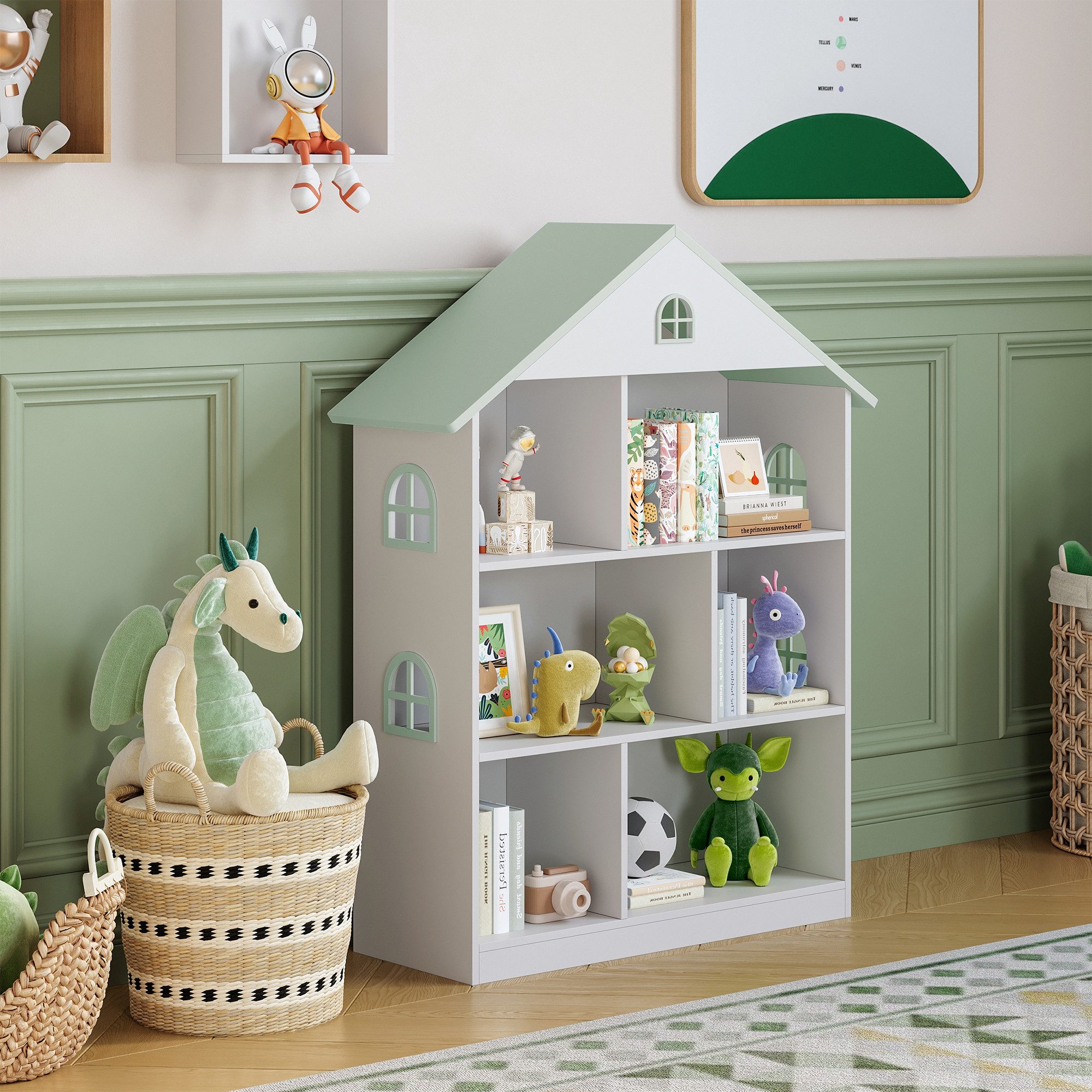 en.casa Kinderregal, »Vipsali« in Hausform 107 x 83 x 30 cm Weiß/Mintgrün