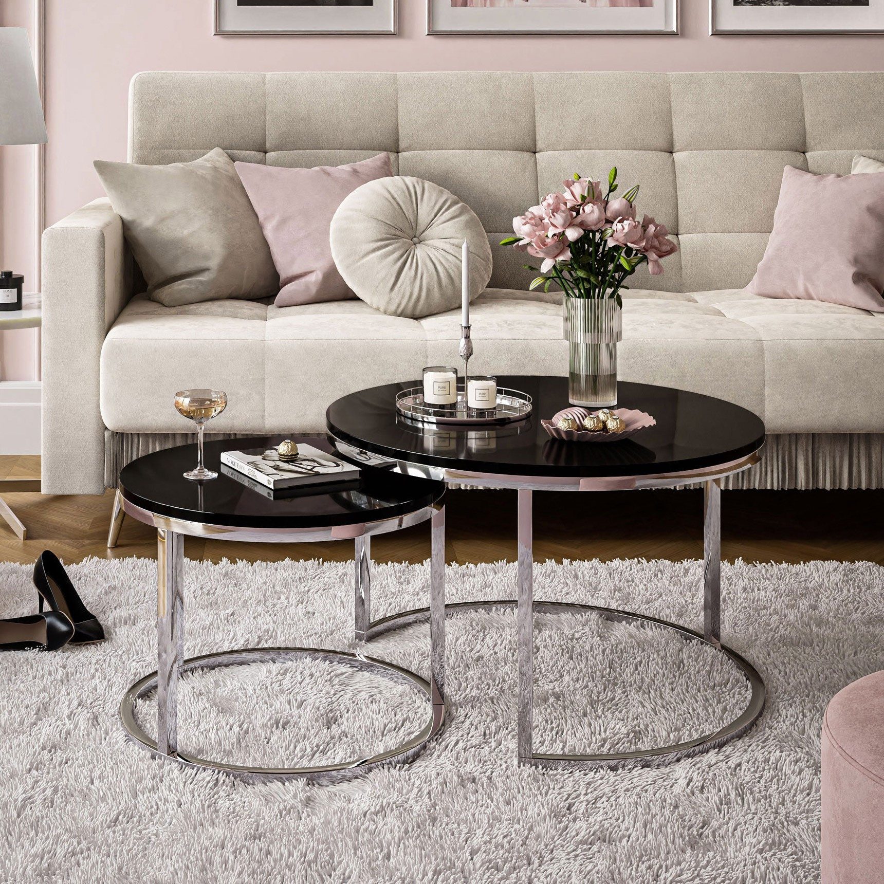 Lookway Couchtisch CIRI 2in1 Hochglanz Chrom Gestell Runder Tisch (2er Set) günstig online kaufen